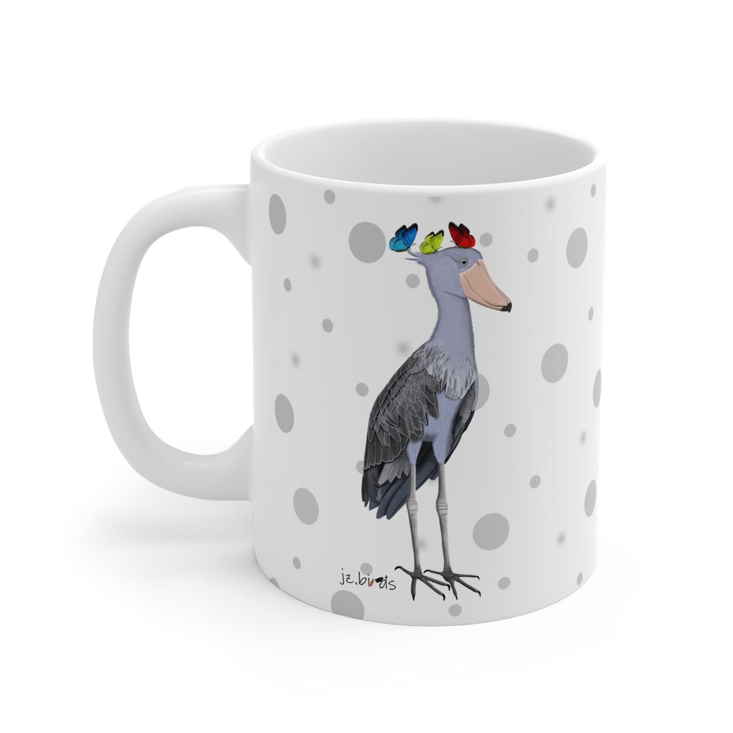 Schuhschnabel mit Schmetterlingen Vogel Tasse Punkte Grau