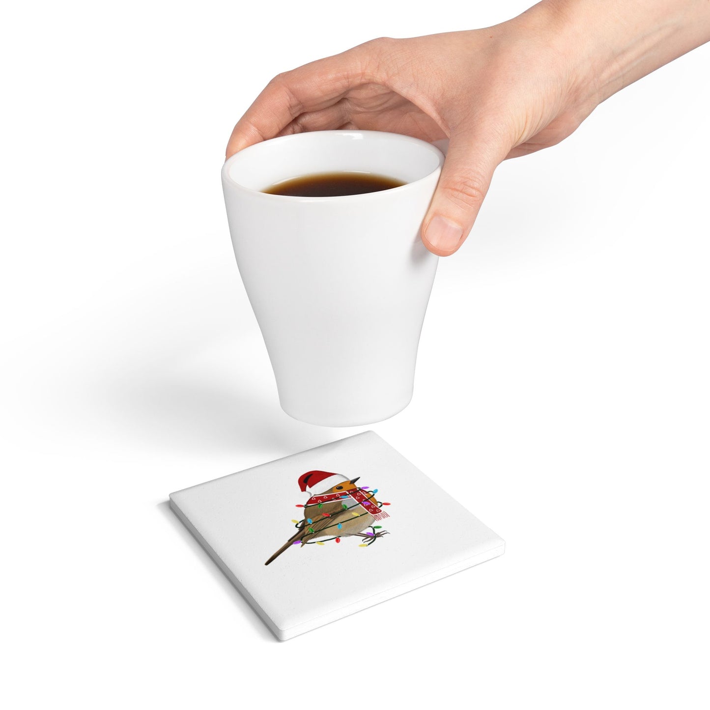 Keramik-Untersetzer Rotkehlchen als Weihnachtsmann mit Lichterkette Weihnachtliches Vogel-Motiv