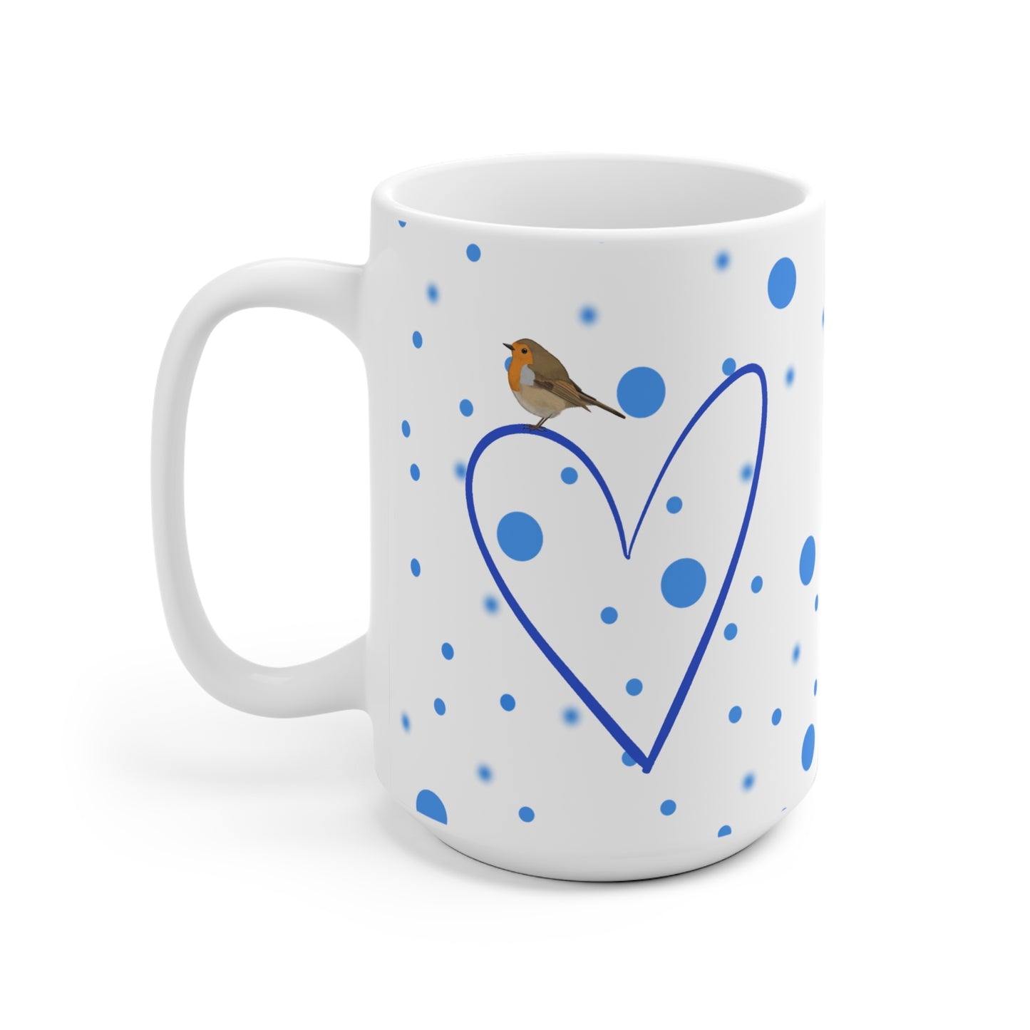 Rotkehlchen mit Herz Valentinstag Vogel Tasse Punkte Blau