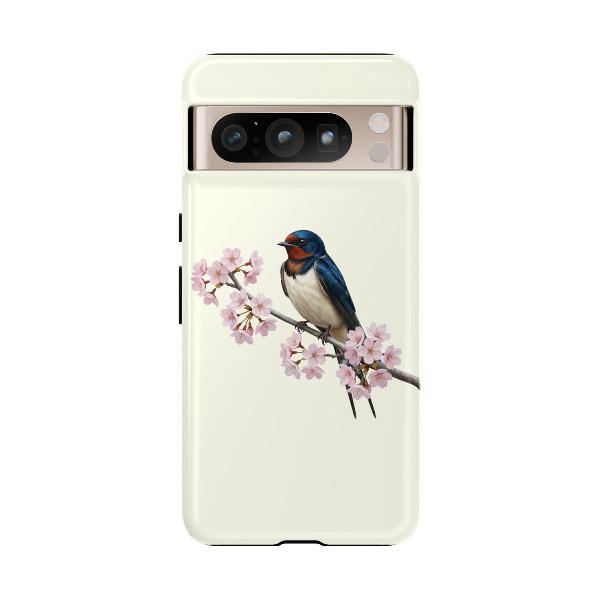 Rauchschwalbe Handyhülle in Cremeweiß | Florales Kirschblüten Vogel-Motiv für iPhone & Google Pixel