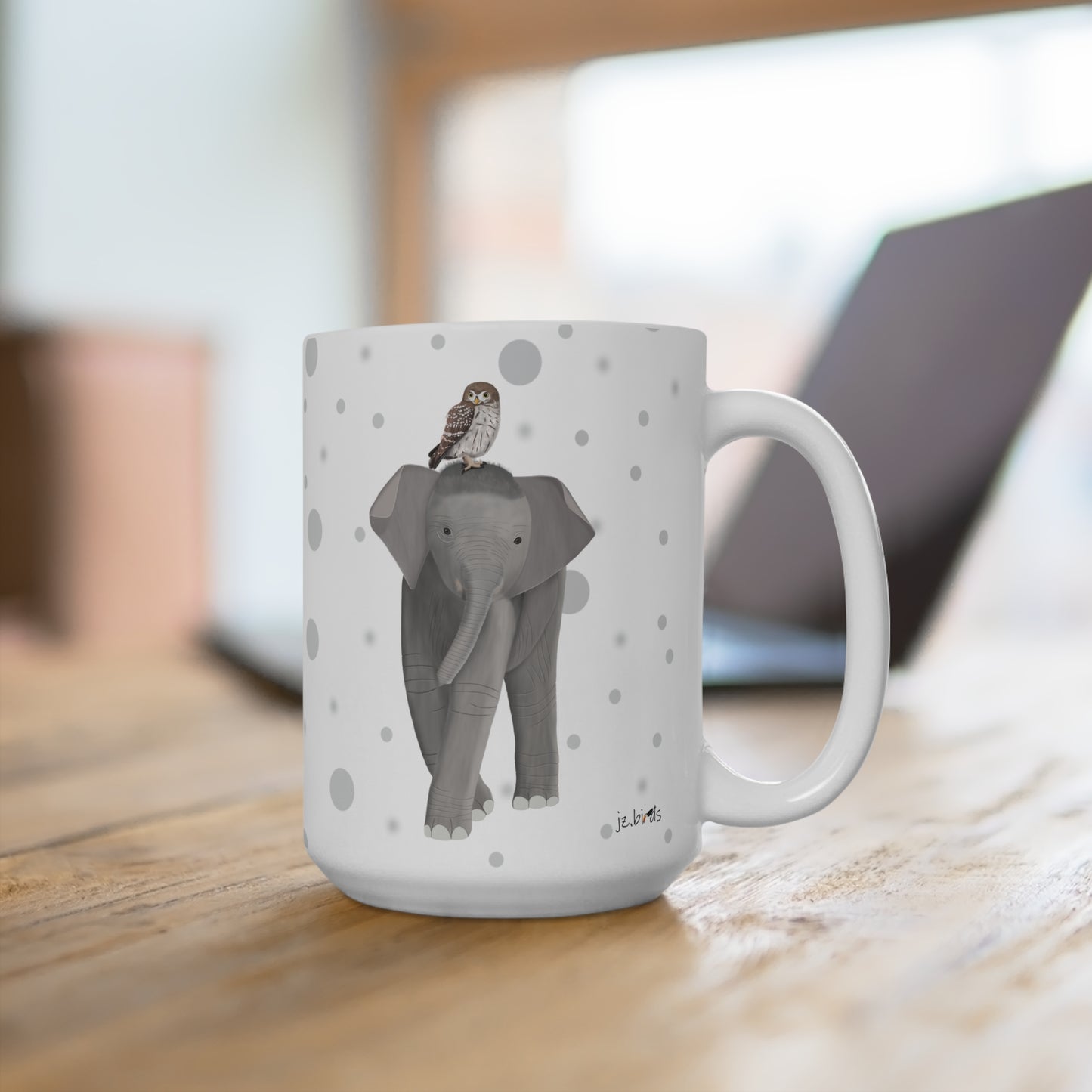 Eule auf einem Elefanten Vogel Tasse Punkte Grau