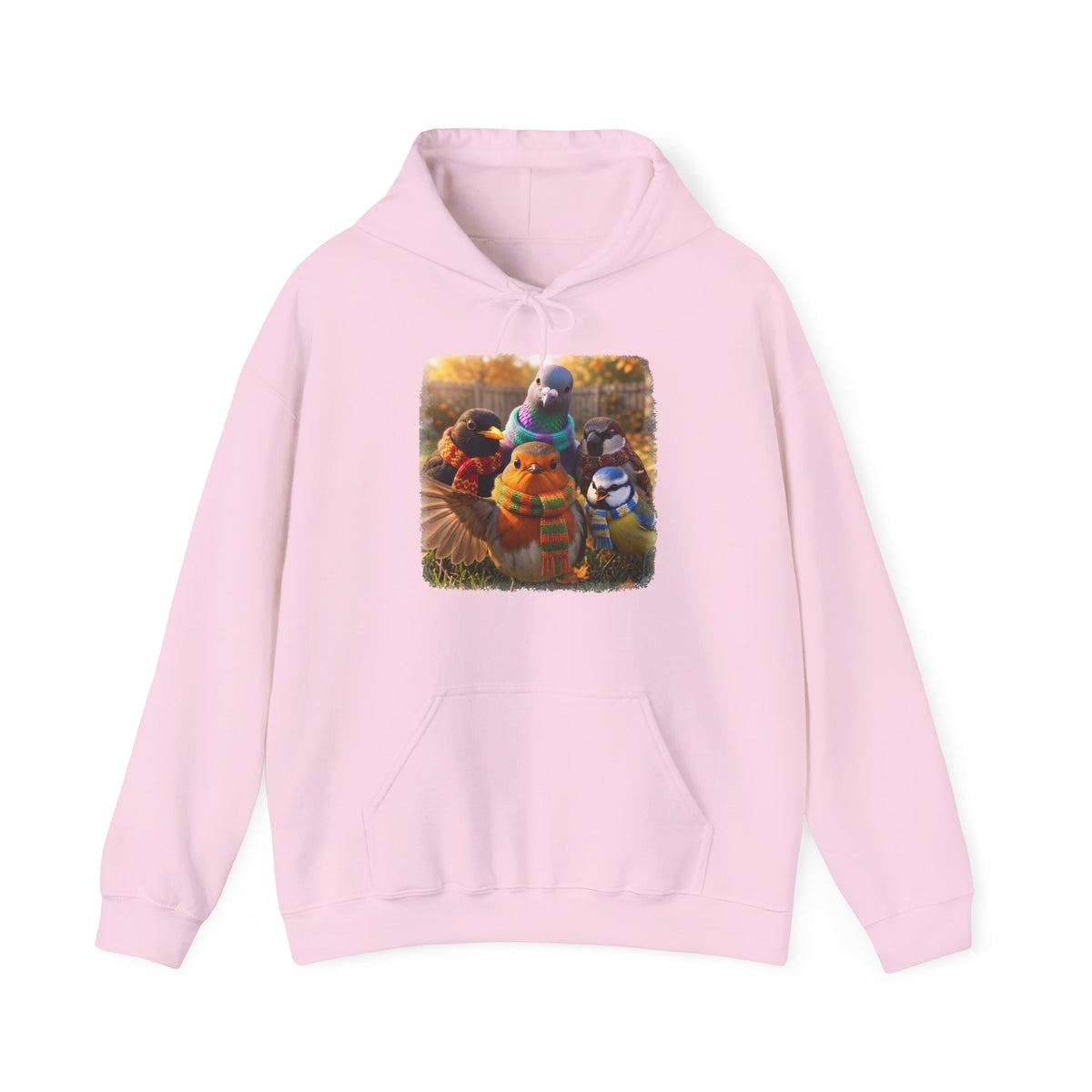 Gartenvögel Hoodie „Rosis Gruppen-Selfie“ – Kuscheliger Kapuzenpullover mit Rotkehlchen, Amsel & Meise