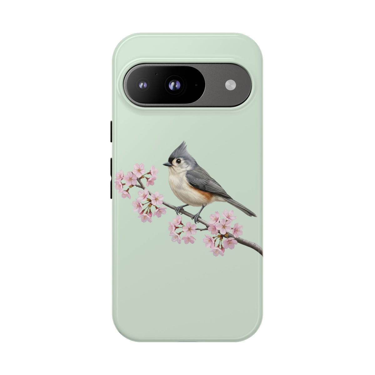Grauhäubchenmeise Handyhülle in Salbeigrün | Florales Kirschblüten Vogel-Motiv für iPhone & Google Pixel