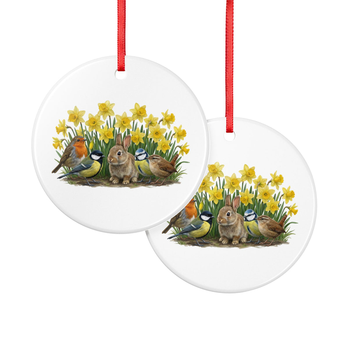 Rotkehlchen Blaumeise Zaunkönig mit Kaninchen und Osterglocken Premium Keramik-Ornament
