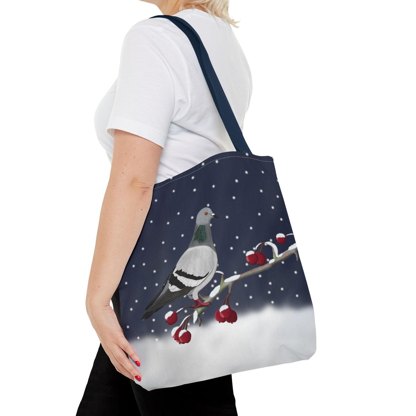 Taube auf einem Ast im Schnee Vogel Tragetasche