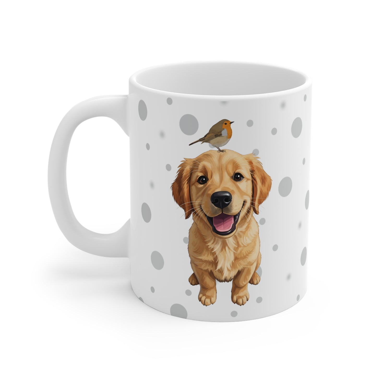 Golden Retriever Tasse mit Rotkehlchen Hund mit Vogel Weiß Grau