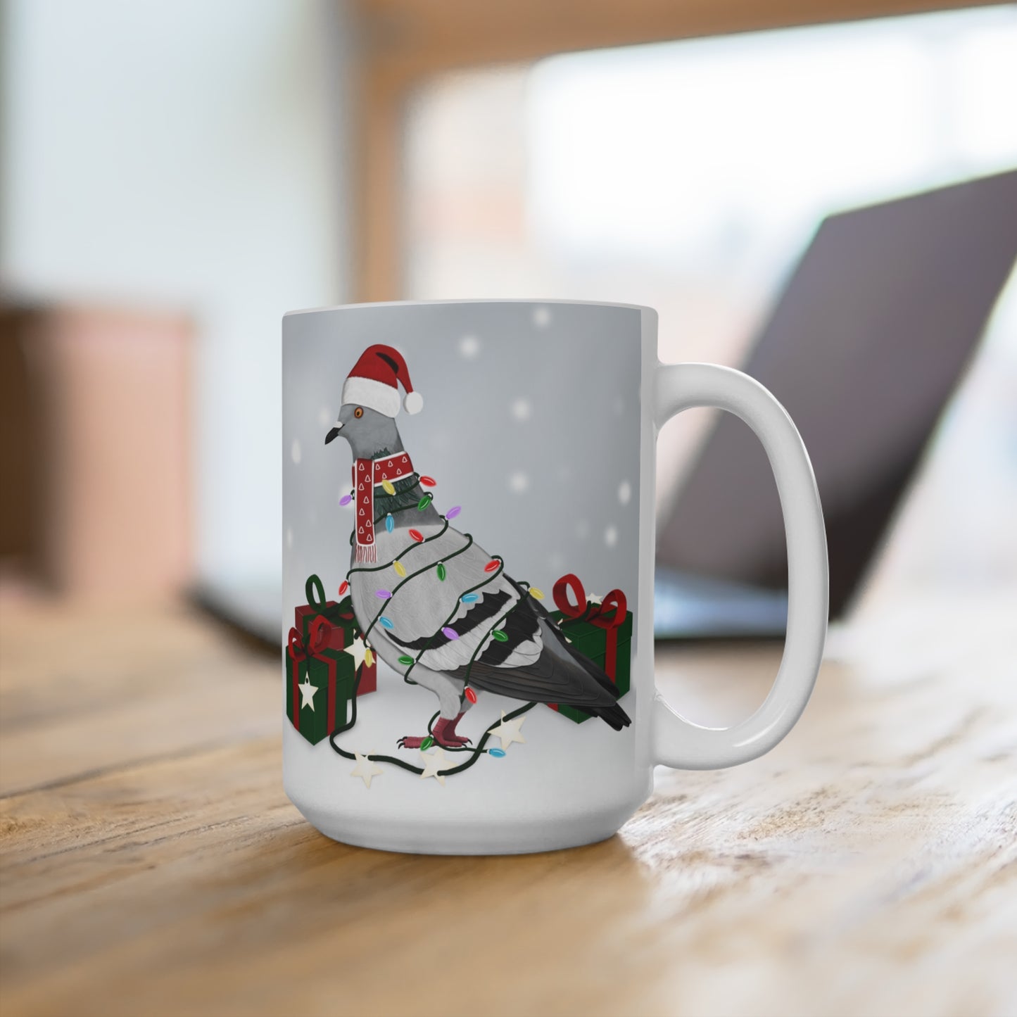 Taube mit Lichterkette im Winter Weihnachten Schnee Vogel Tasse