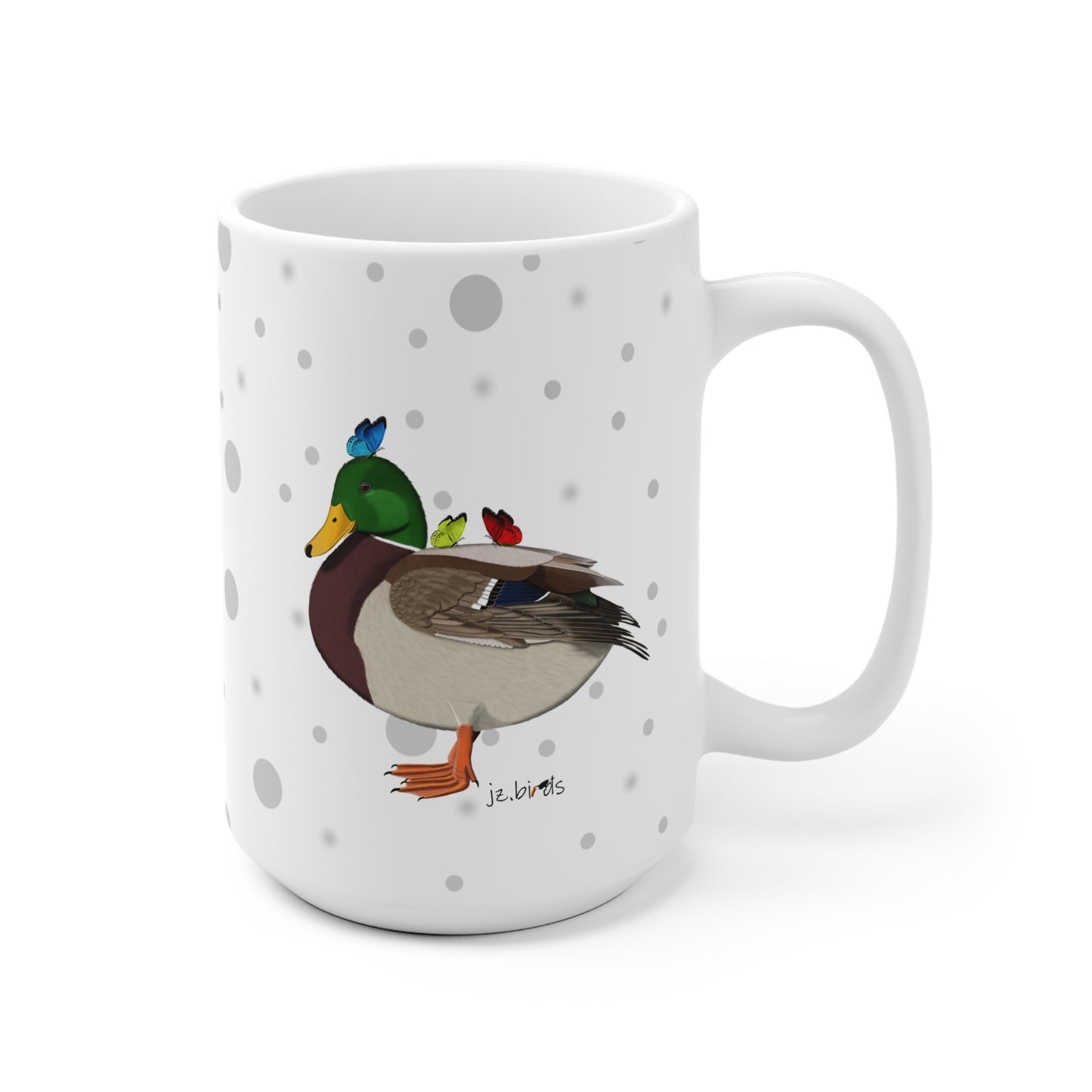 Ente mit Schmetterlingen Vogel Tasse Punkte Grau
