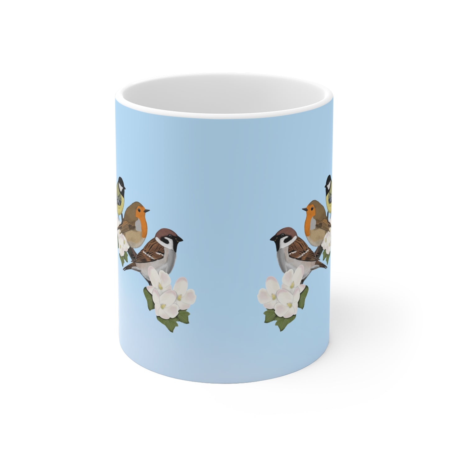 Rotkehlchen, Kohlmeise und Amsel Tasse – auf einem Ast mit Apfelblüten im Frühling Vogel für Vogelfreunde