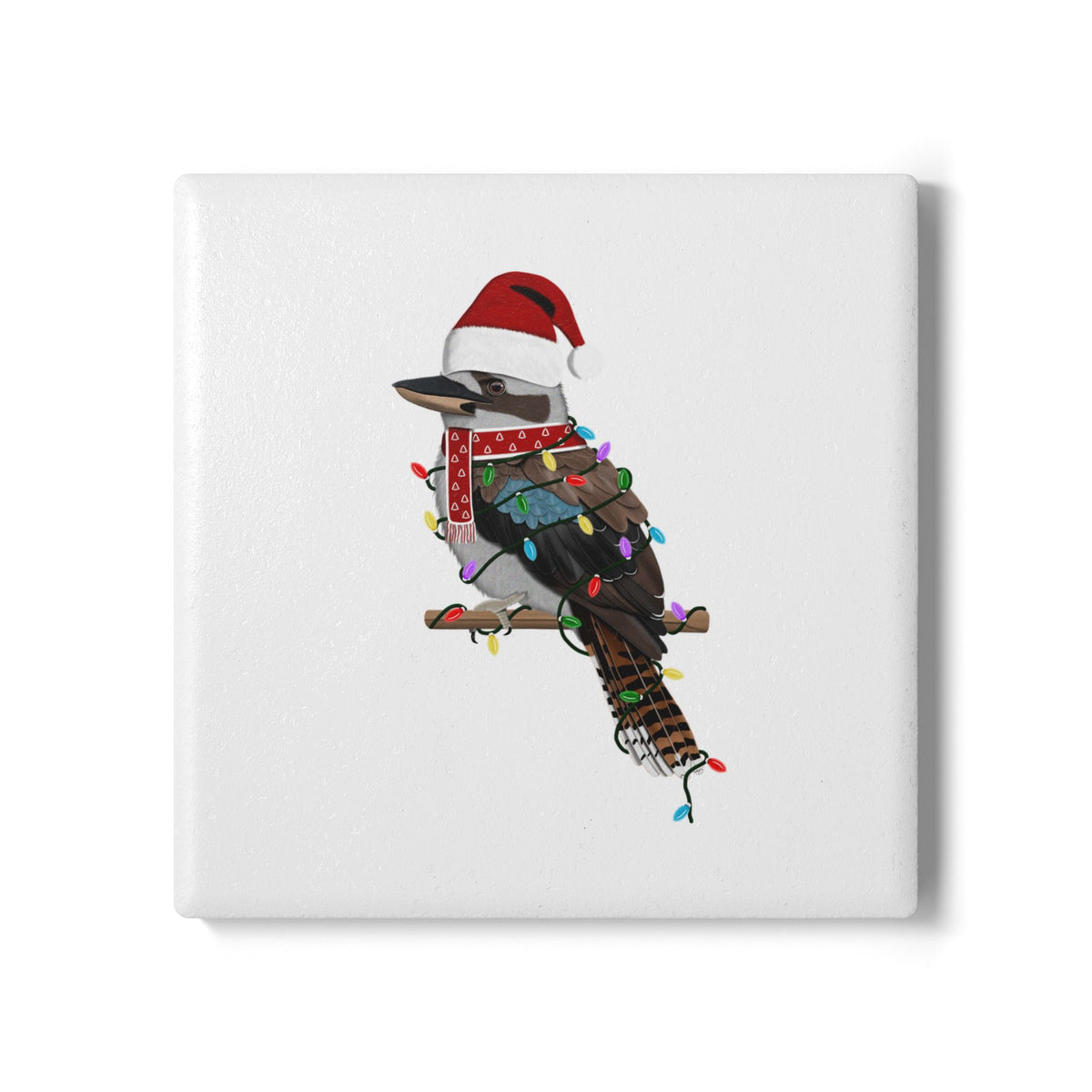 Keramik-Untersetzer Kookaburra als Weihnachtsmann mit Lichterkette Weihnachtliches Vogel-Motiv