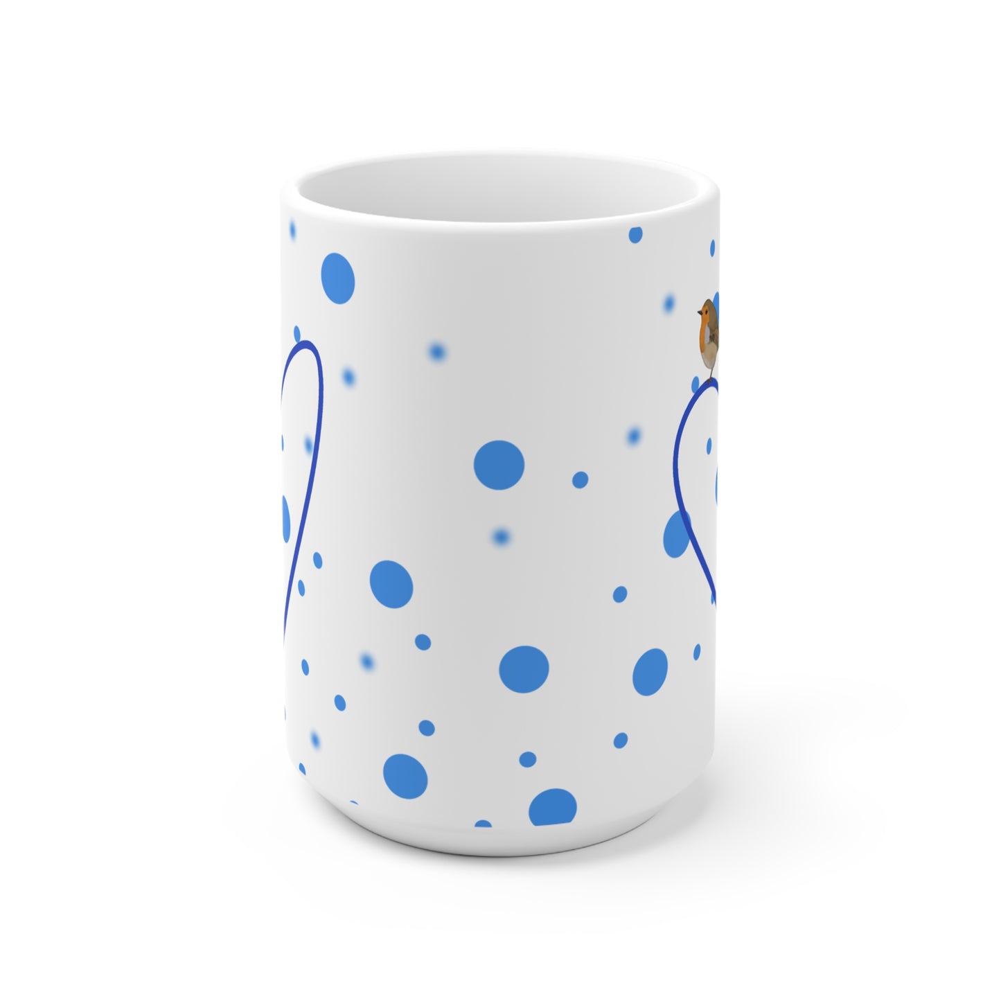 Rotkehlchen mit Herz Valentinstag Vogel Tasse Punkte Blau