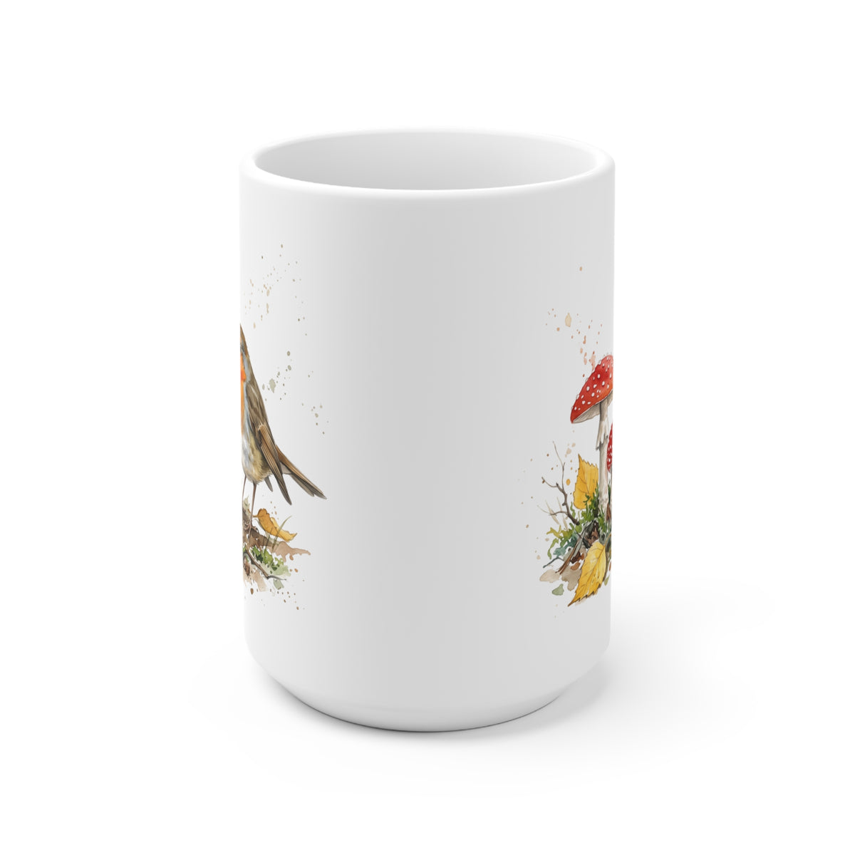 Rotkehlchen Herbst-Tasse – Gemütlicher Kaffeebecher mit Laub & Fliegenpilzen