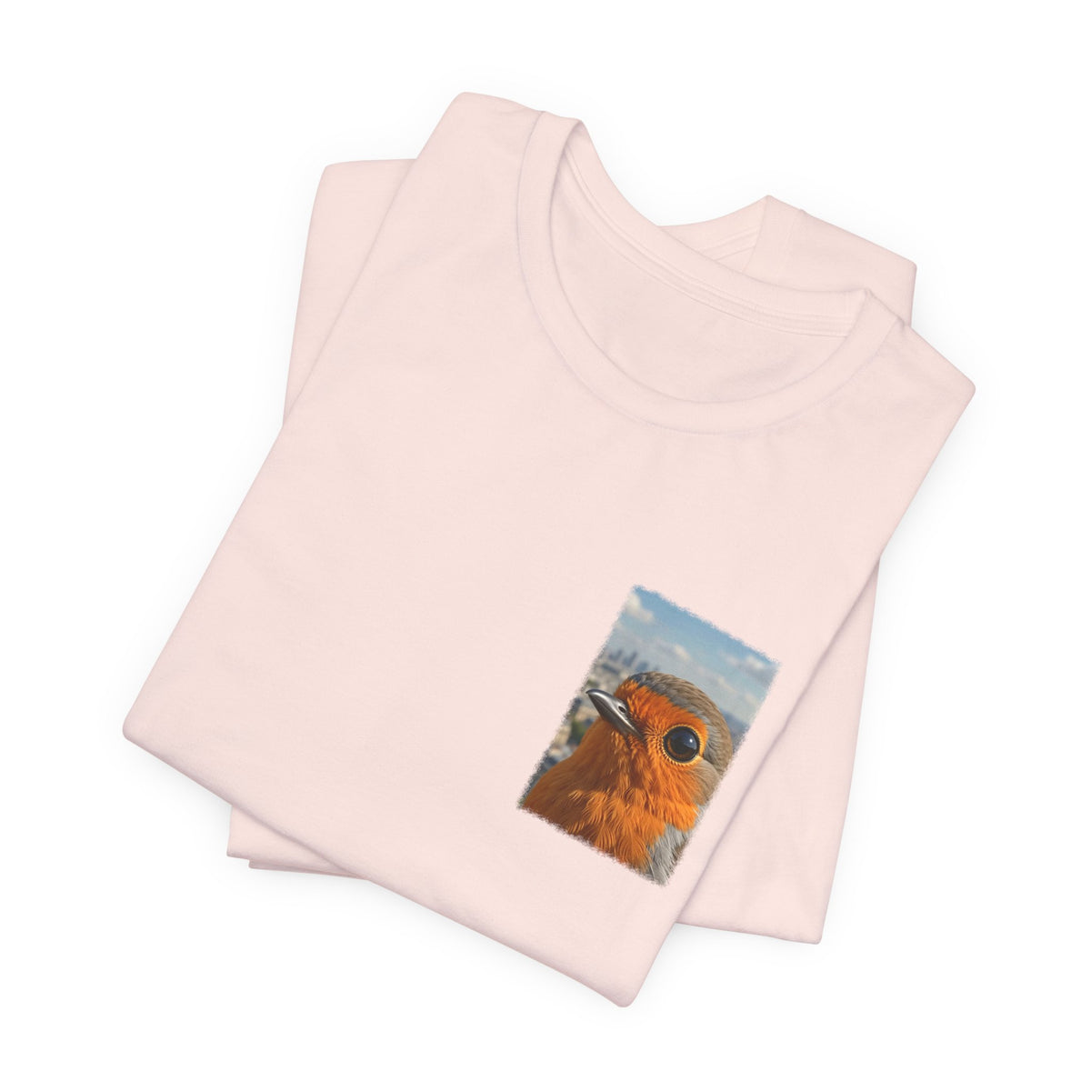 Rosi Rotkehlchen vor der Pariser Skyline T-Shirt – Bequemes Premium Shirt für Vogelfreunde