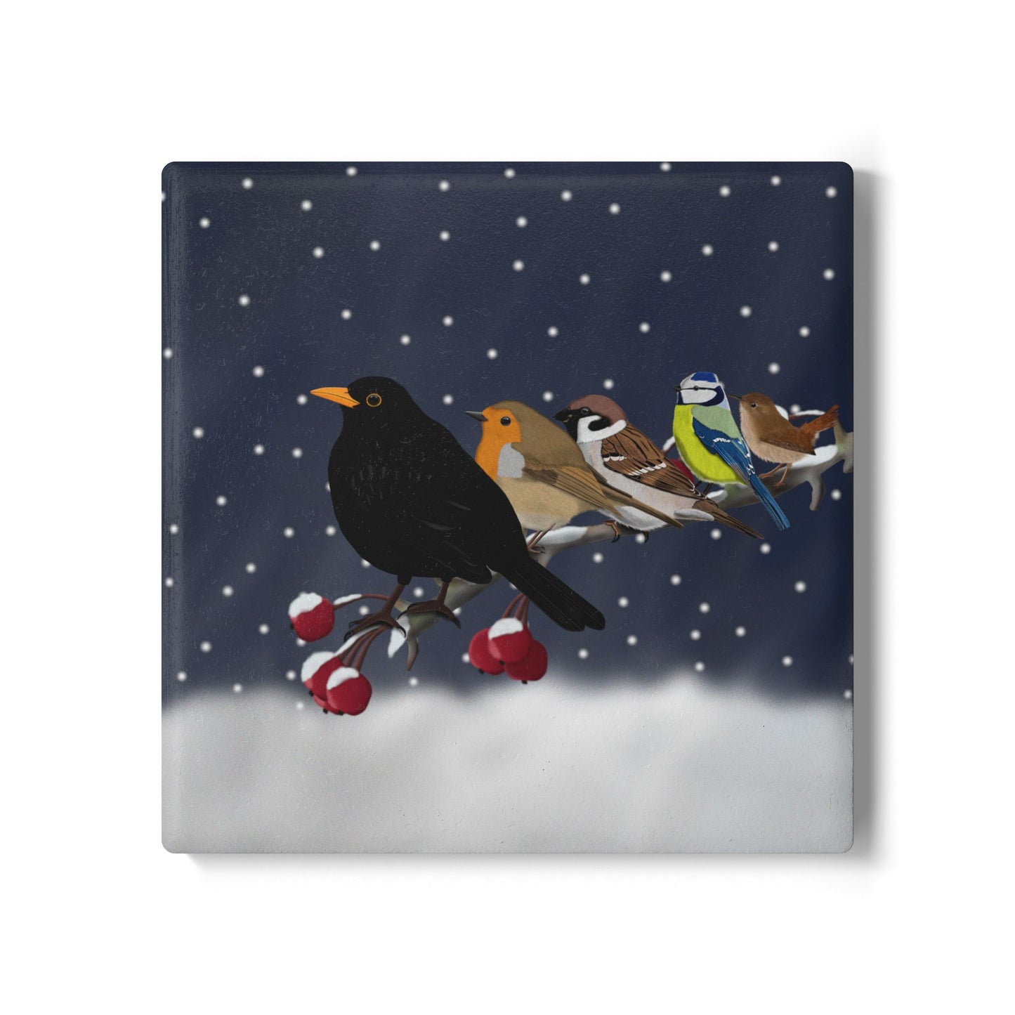 Amsel Rotkehlchen Blaumeise Keramik-Untersetzer: Weihnachtliches Vogel-Motiv