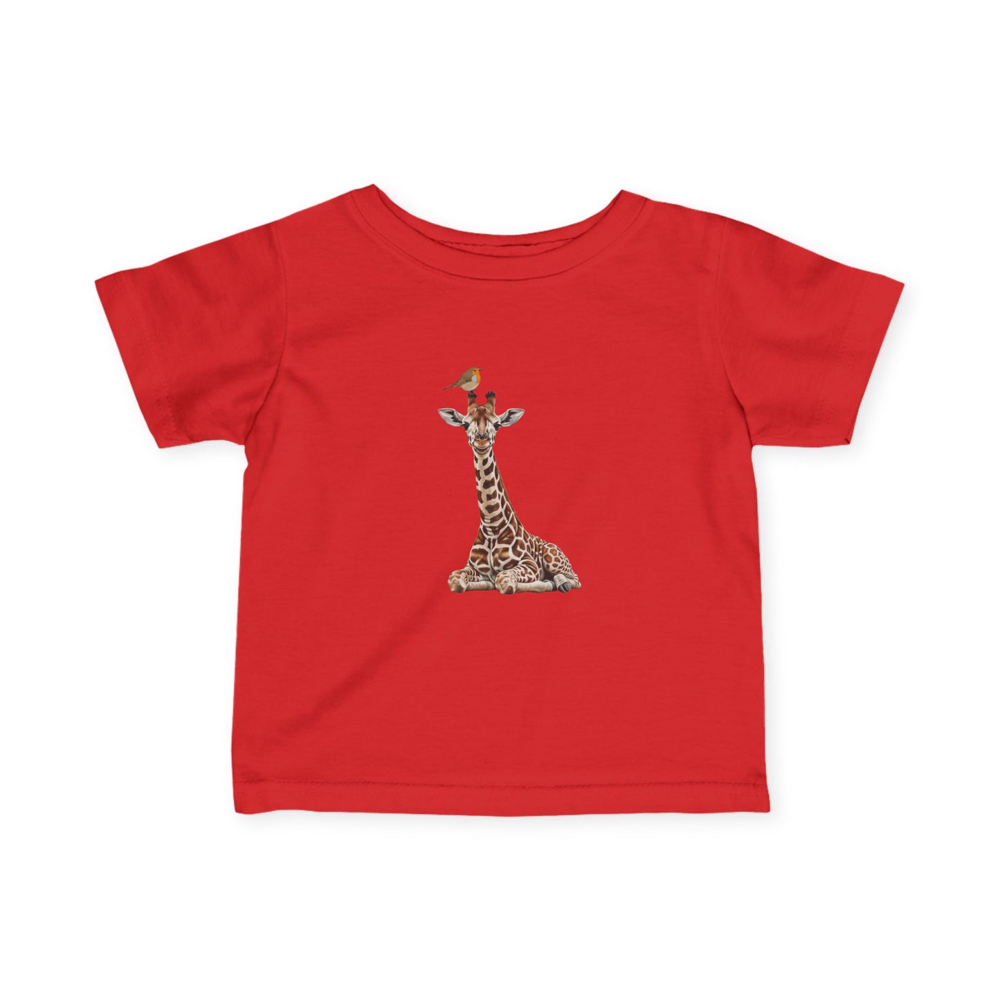 Süße Baby Giraffe mit Rotkehlchen Vogel Tiermotiv T-Shirt für Babys und Kleinkinder