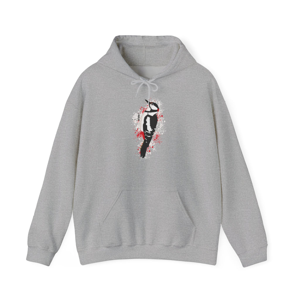 Buntspecht Hoodie – Motiv-Kapuzenpullover im Art-Design mit Sprenkel-Hintergrund
