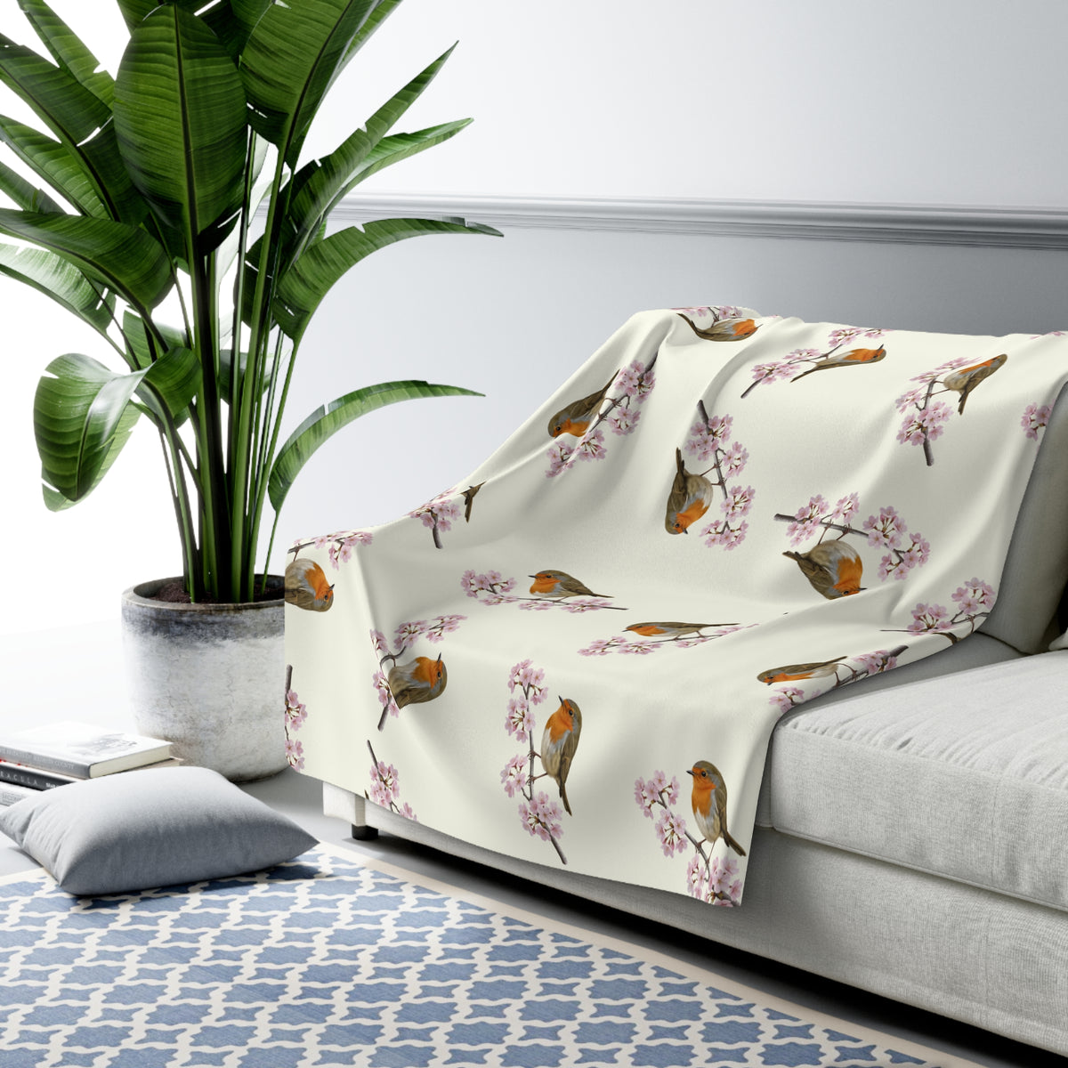 Rotkehlchen Decke – Premium Sherpa-Fleece in Cremeweiß | Kuscheldecke mit Vogelmotiv (150x200cm)