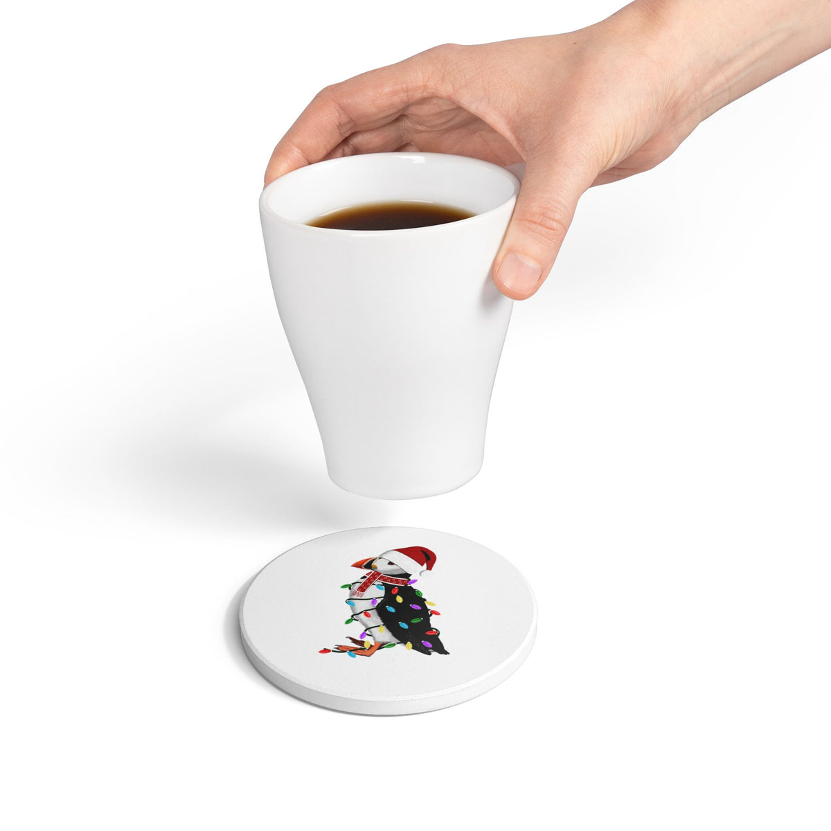 Keramik-Untersetzer Papageitaucher als Weihnachtsmann mit Lichterkette Weihnachtliches Vogel-Motiv – bird design, Keramik Untersetzer
