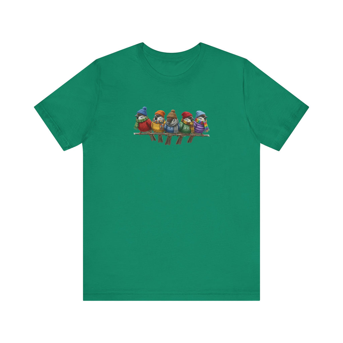 Spatzen in Strick T-Shirt – Weiches Premium Shirt mit Winterlichem Vogelmotiv