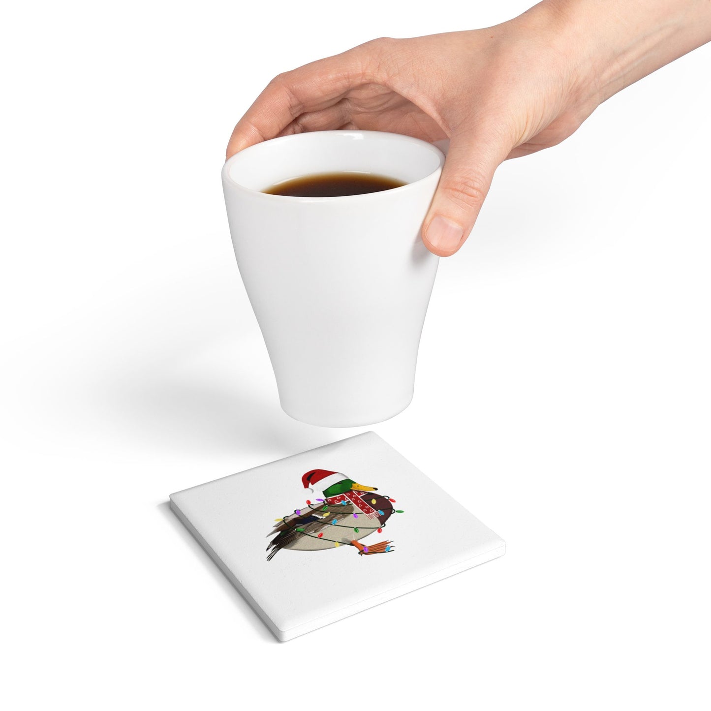 Keramik-Untersetzer Ente als Weihnachtsmann mit Lichterkette Weihnachtliches Vogel-Motiv