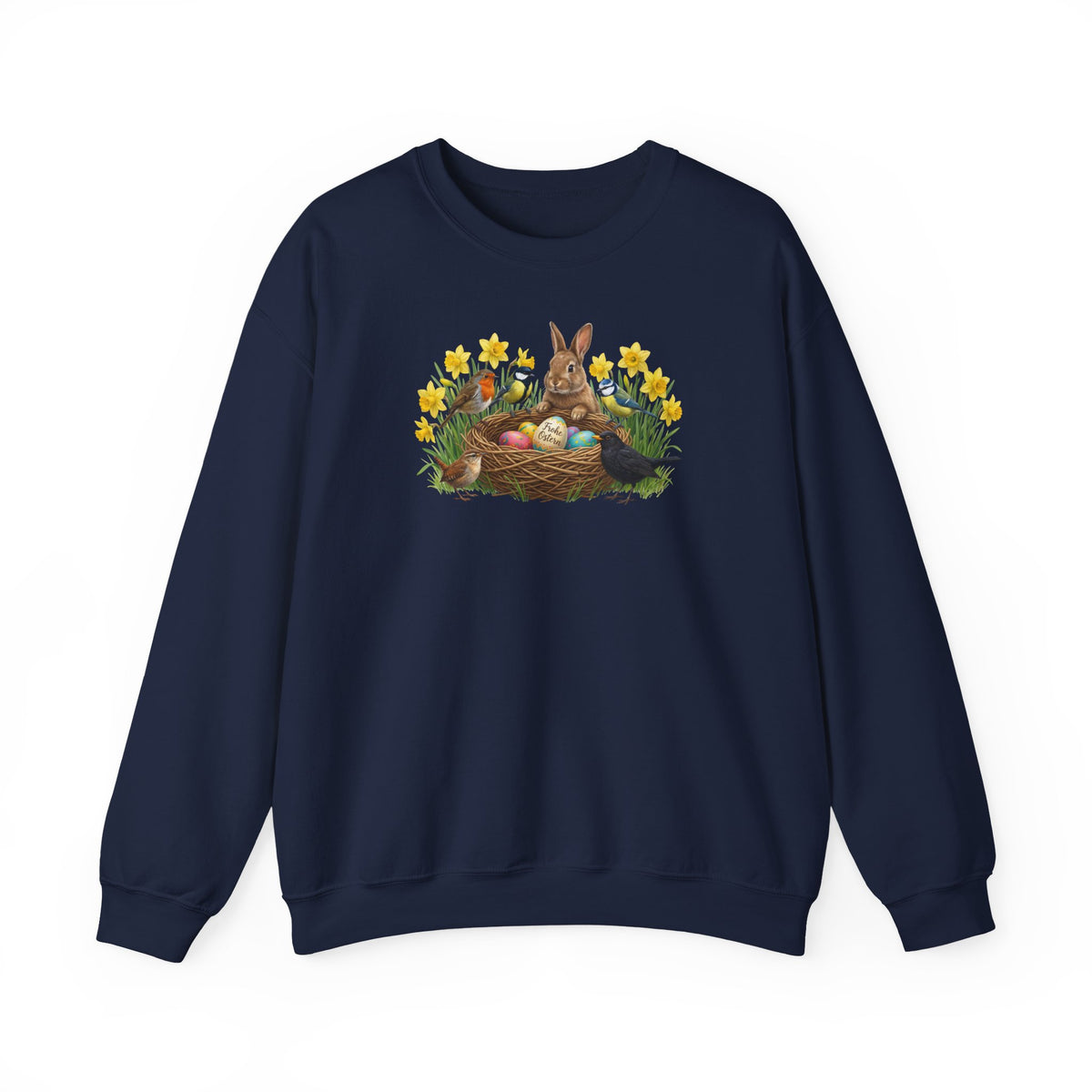 Oster Sweatshirt – Kaninchen & Singvögel am Osternest in Osterglocken | Unisex Pullover – Animal Graphic Tee, Vogelmotiv