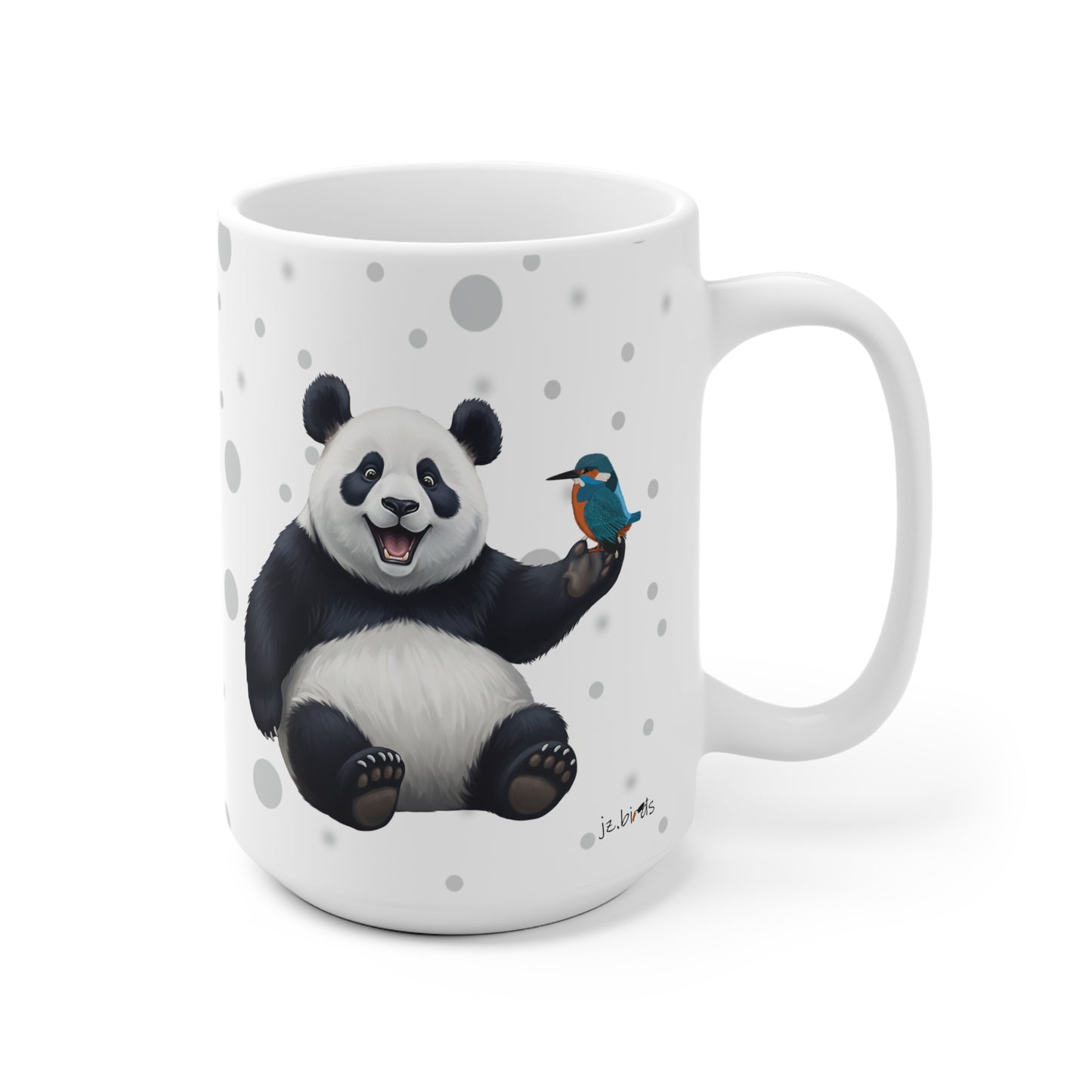 Eisvogel mit einem fröhlichen Panda Vogel Tiermotiv Tasse Punkte Grau