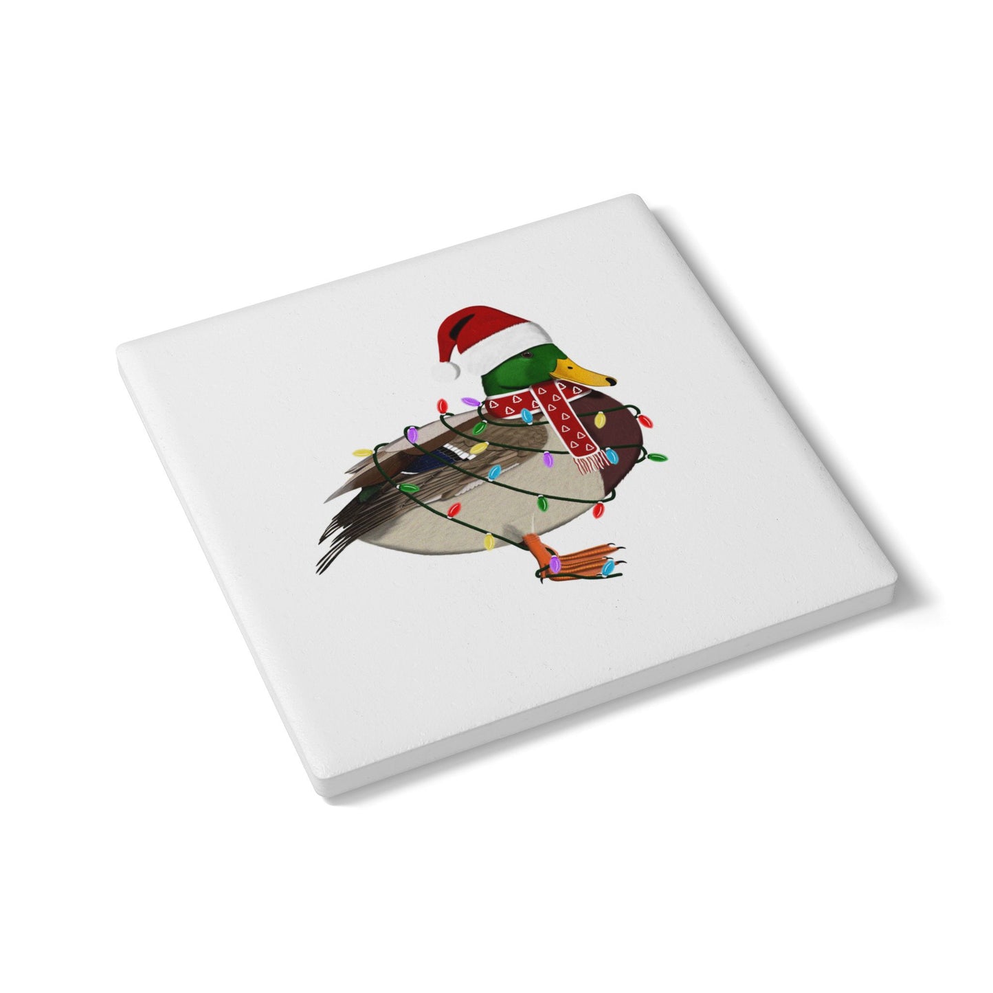 Keramik-Untersetzer Ente als Weihnachtsmann mit Lichterkette Weihnachtliches Vogel-Motiv