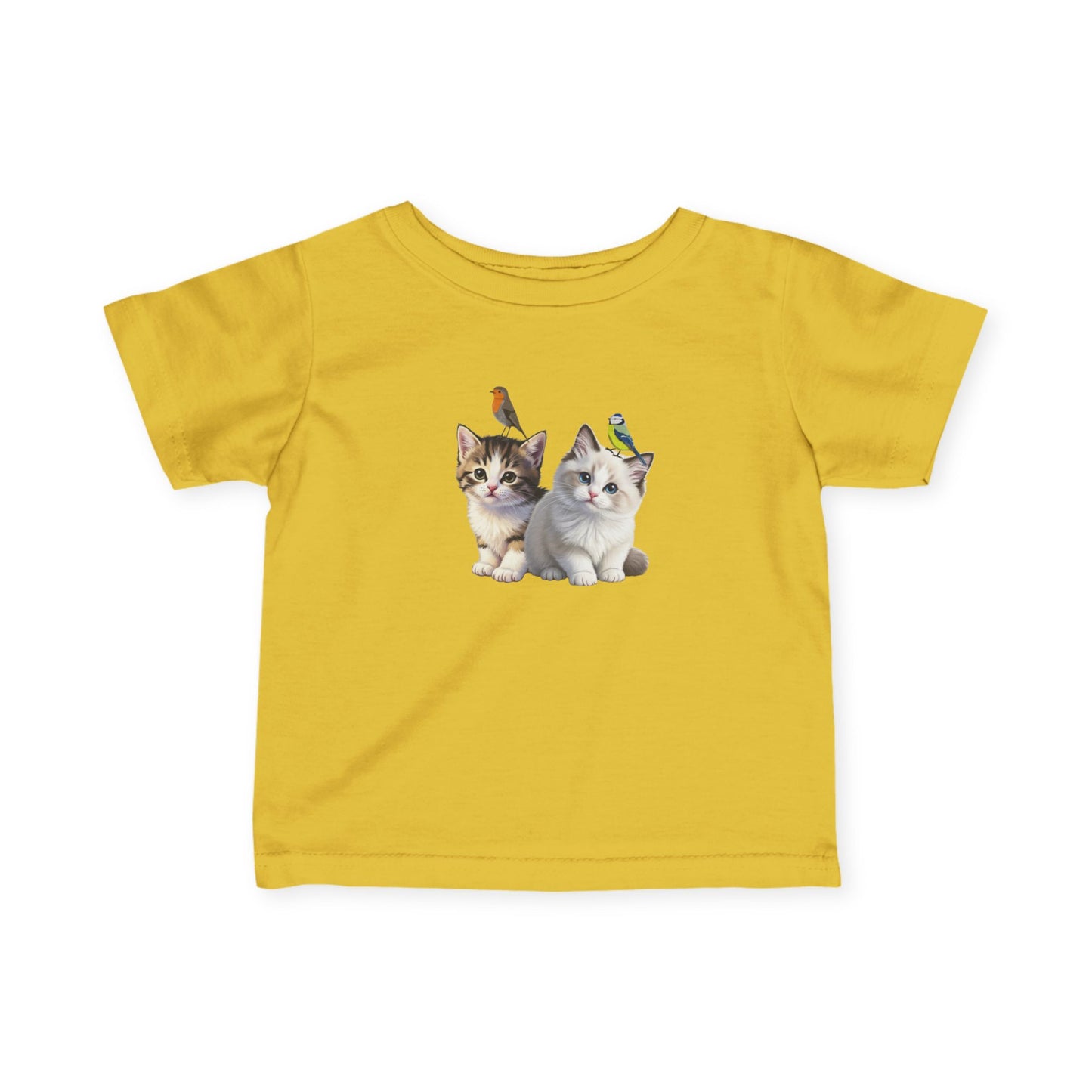 Süßes Kätzchen Tiermotiv Baby T-Shirt mit Rotkehlchen und Blaumeise