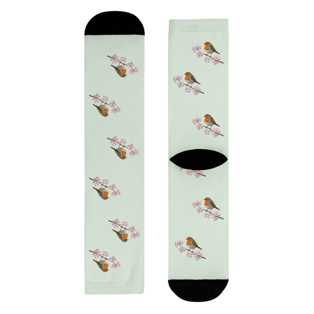 Rotkehlchen & Kirschblüten Socken in Salbeigrün | Weiche Baumwollmix-Socken für Naturfreunde