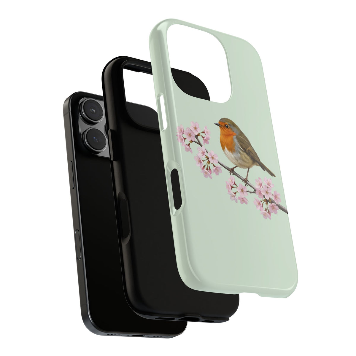Rotkehlchen Handyhülle in Salbeigrün | Florales Kirschblüten Vogel-Motiv für iPhone & Google Pixel