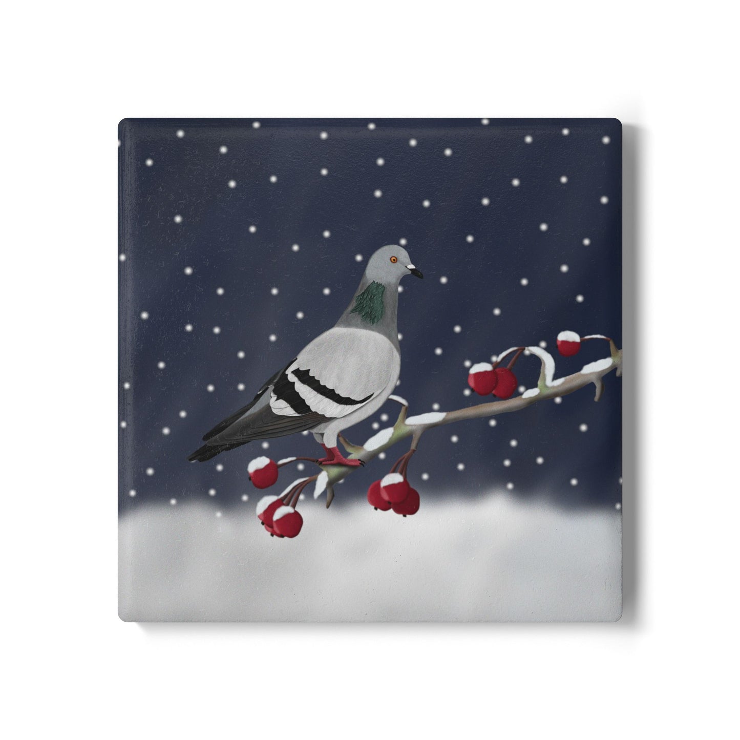 Taube im Schnee Keramik-Untersetzer: Weihnachtliches Vogel-Motiv
