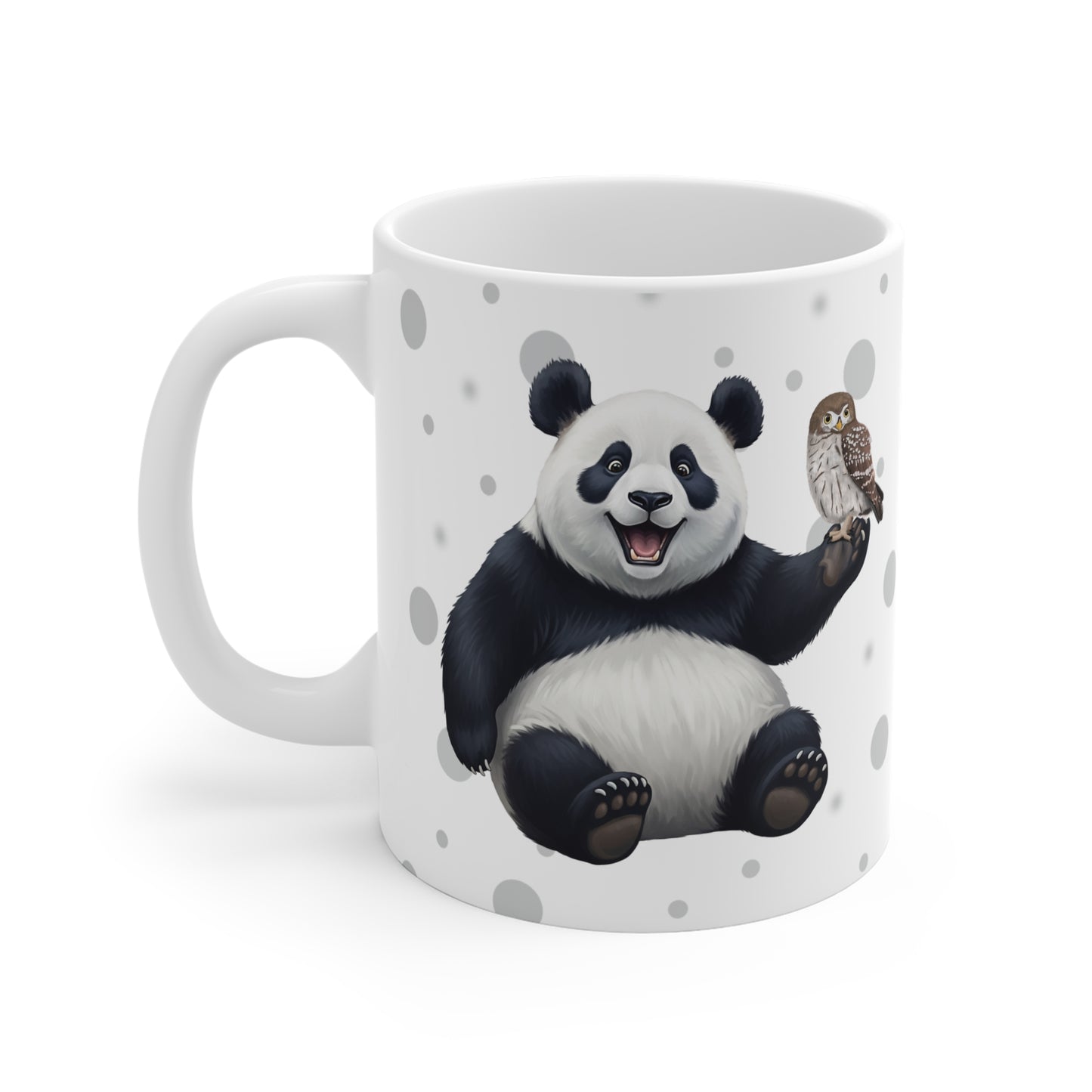 Eule mit einem fröhlichen Panda Vogel Tiermotiv Tasse Punkte Grau