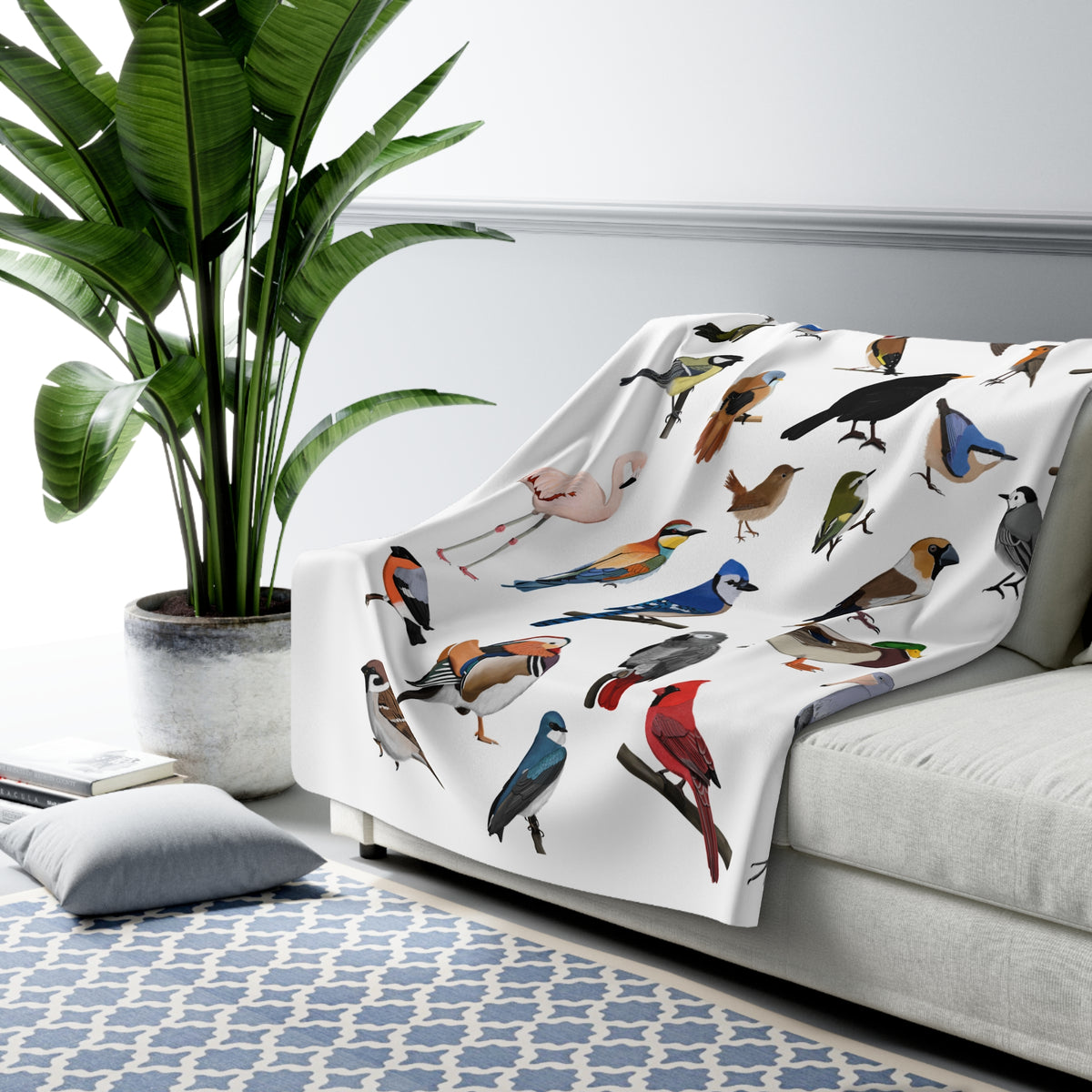 Rotkehlchen, Blaumeise und Amsel Decke – Gartenvögel Fleece Sherpa (150x200 cm) – Extra Dick, Kuschelweich & Gemütlich