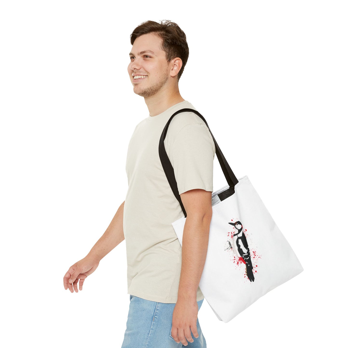 Buntspecht Tragetasche 40x40cm Vogel Tasche Weiß für Vogelbeobachter