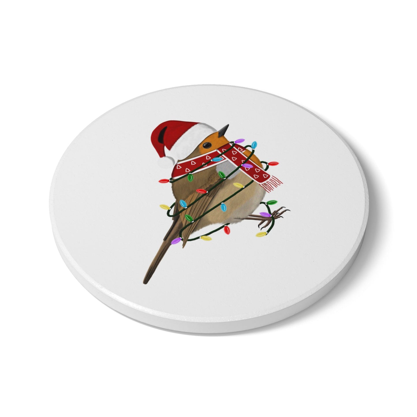 Keramik-Untersetzer Rotkehlchen als Weihnachtsmann mit Lichterkette Weihnachtliches Vogel-Motiv