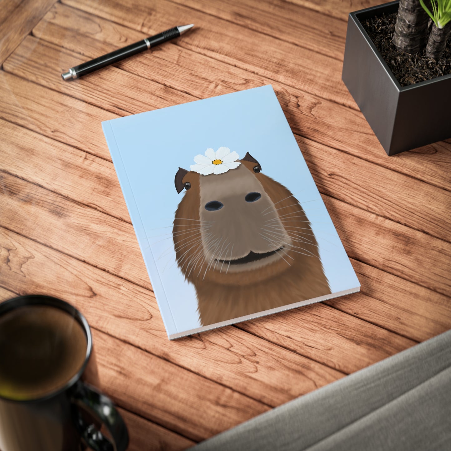 Capybara mit Blume A5 Softcover Notizbuch 150 Seiten Liniert