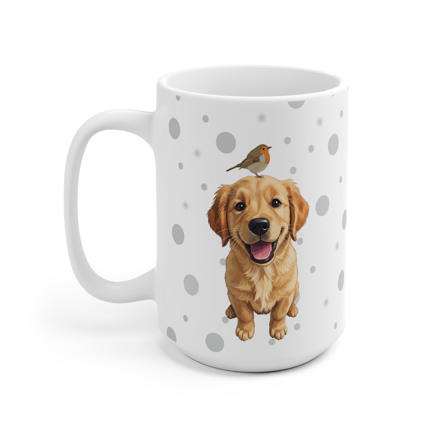 Golden Retriever Tasse mit Rotkehlchen Hund mit Vogel Weiß Grau