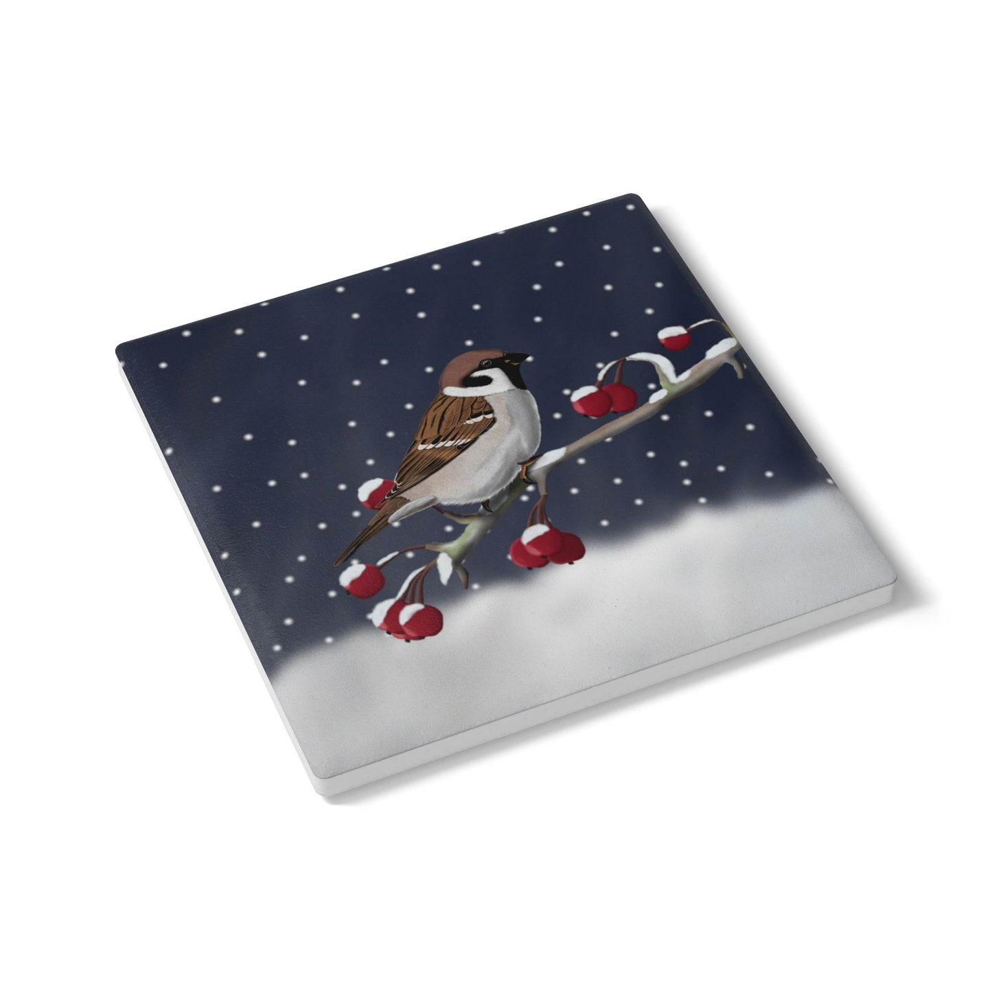 Feldsperling im Schnee Keramik-Untersetzer: Weihnachtliches Vogel-Motiv