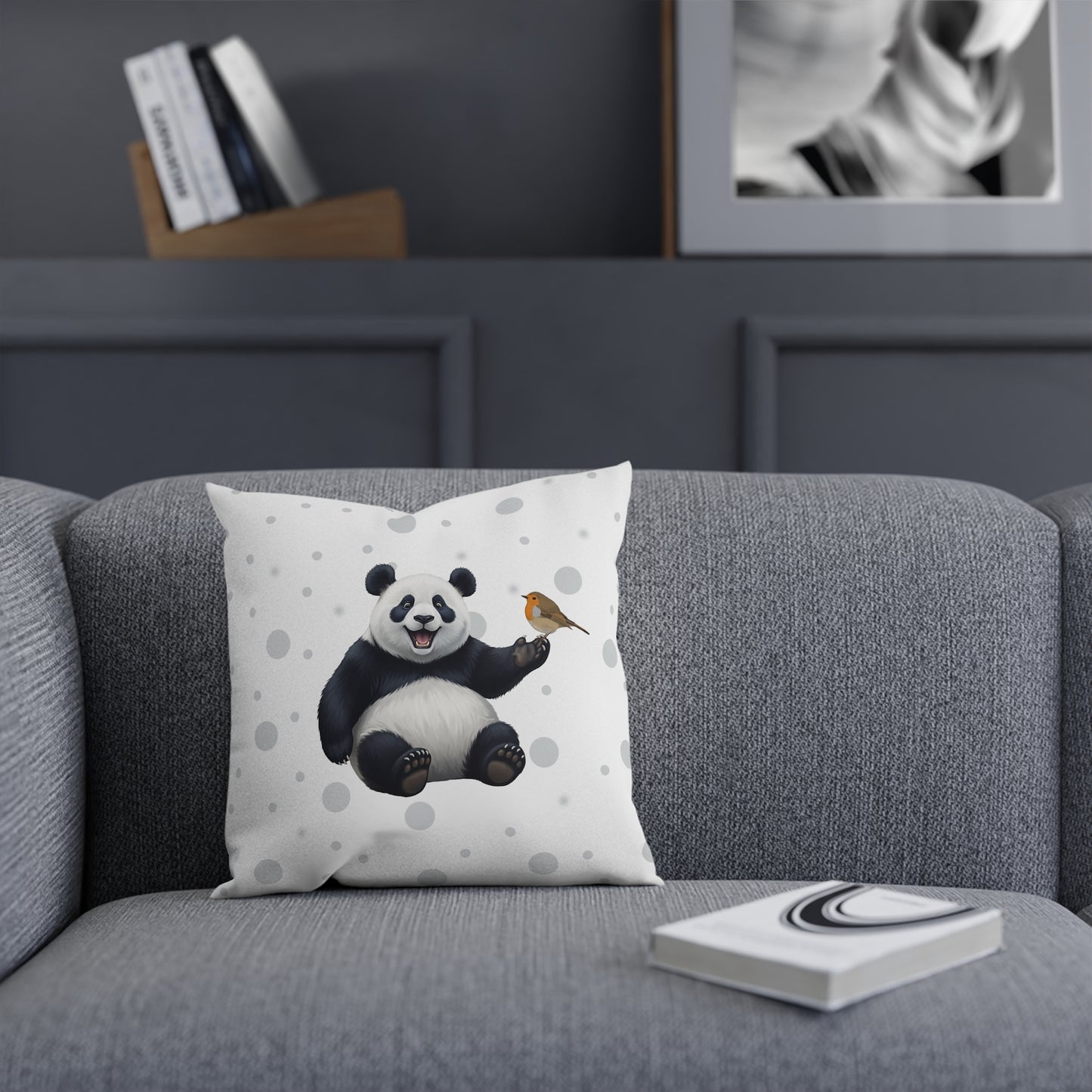 Rotkehlchen mit Panda Vogel Tiermotiv Kissen – Dekokissen mit Vogelmotiv Weiß mit grauen Punkten