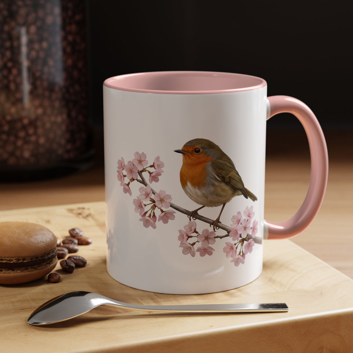 Rotkehlchen Tasse mit Kirschblüten | Rosa Keramiktasse für Vogelfreunde – Accent Coffee Mug,