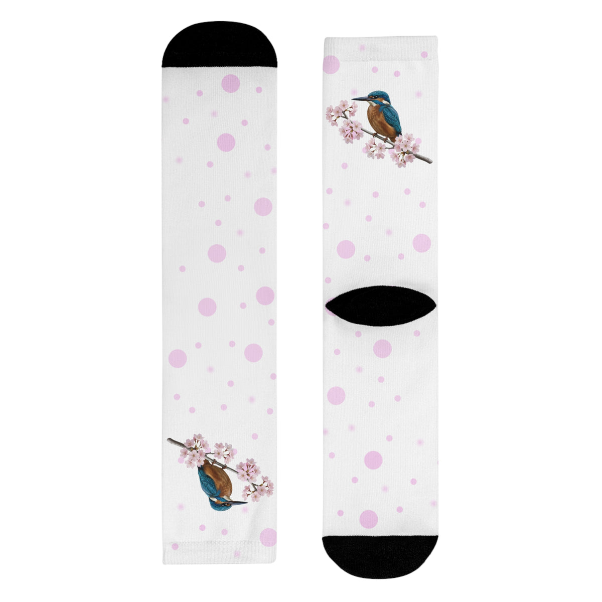 Eisvogel Socken – mit Kirschblüten | Weiß Rosa gepunktete Vogelmotiv Strümpfe