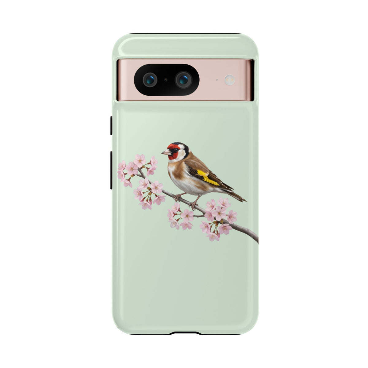 Stieglitz Handyhülle in Salbeigrün | Florales Kirschblüten Vogel-Motiv für iPhone & Google Pixel