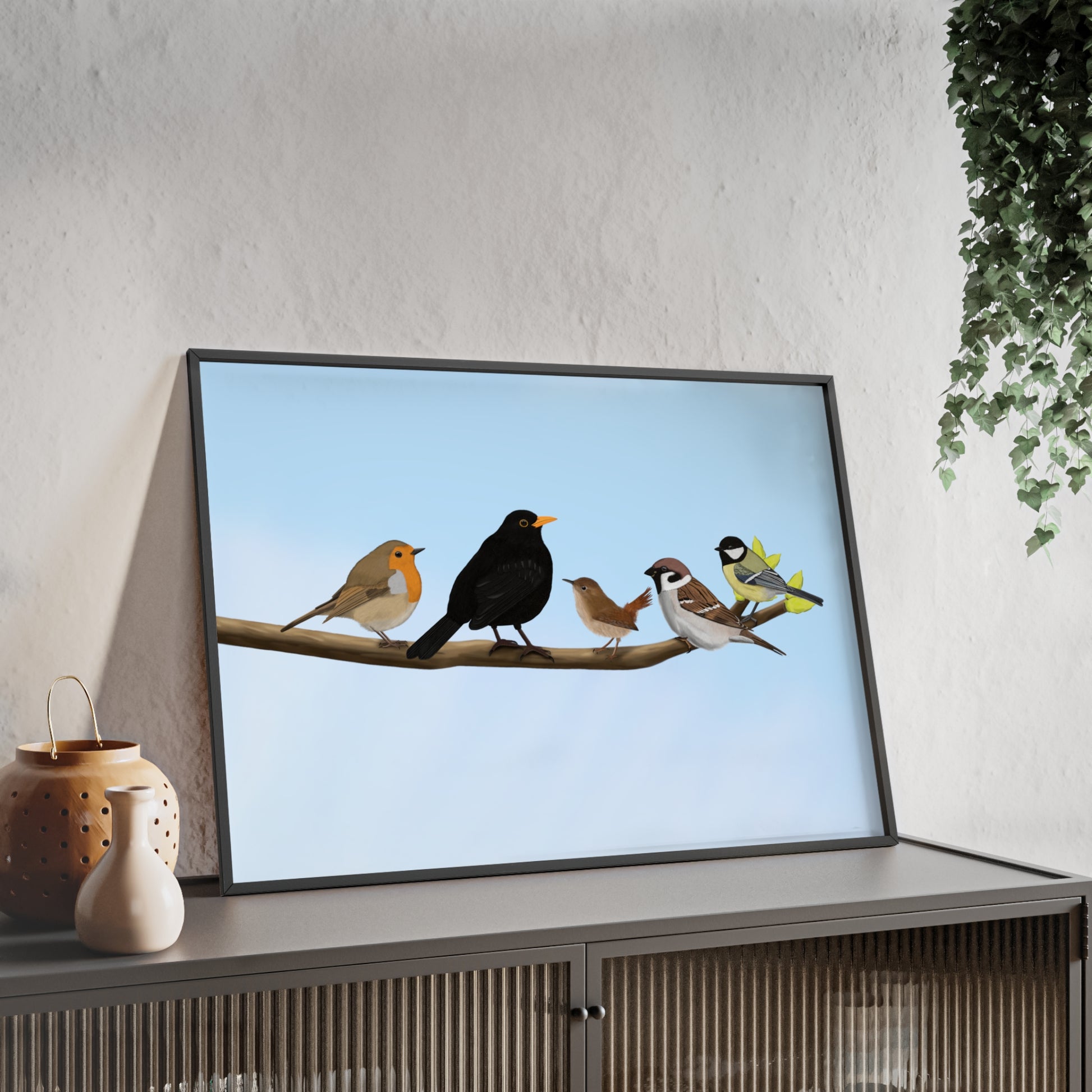 Vogel Poster im Holzrahmen - Vögel auf einem Ast Poster Amsel Rotkehlchen Zaunkönig Spatz Kohlmeise