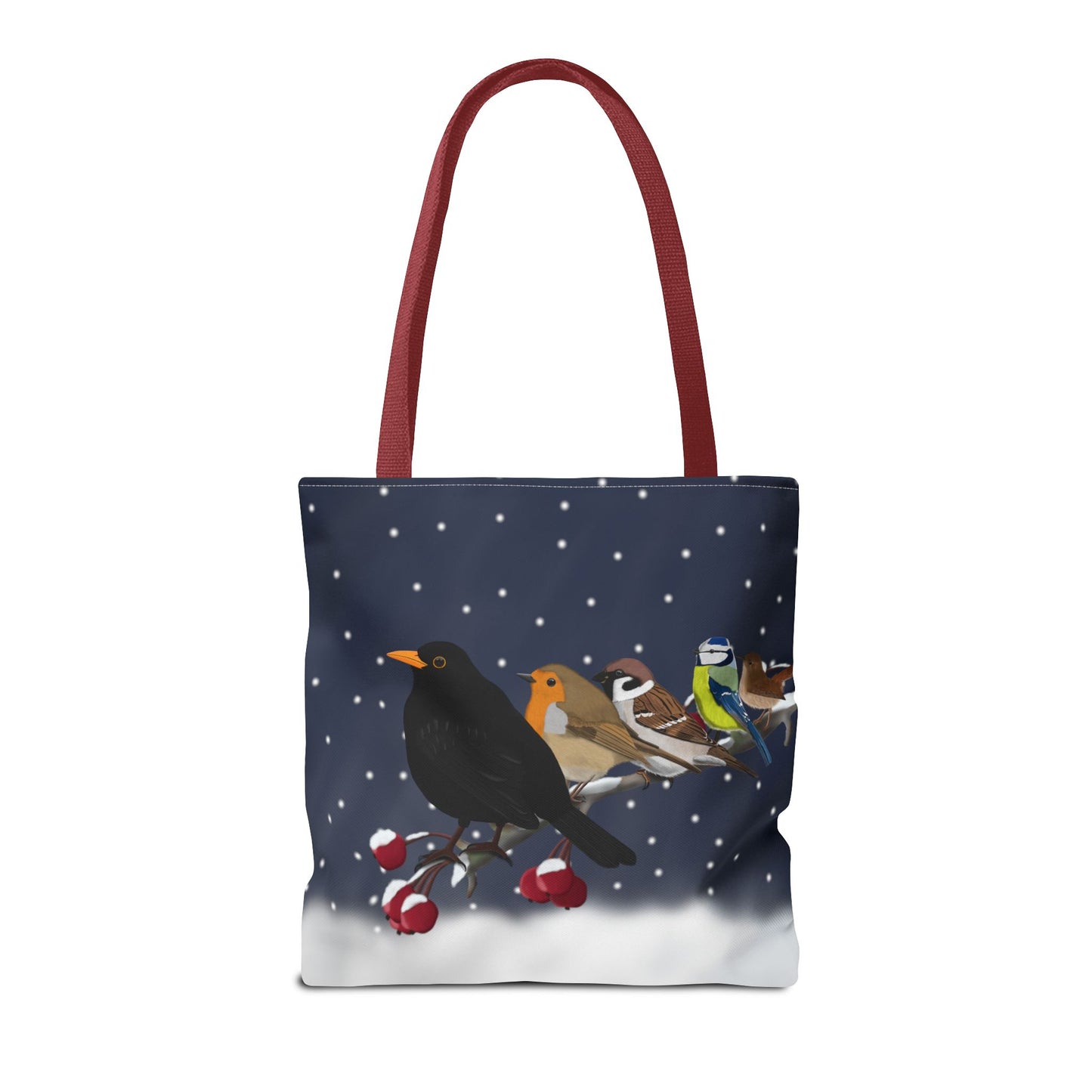 Rotkehlchen, Blaumeise, Zaunkönig, Amsel und Spatz Tragetasche – Accessories All Over Print Stil