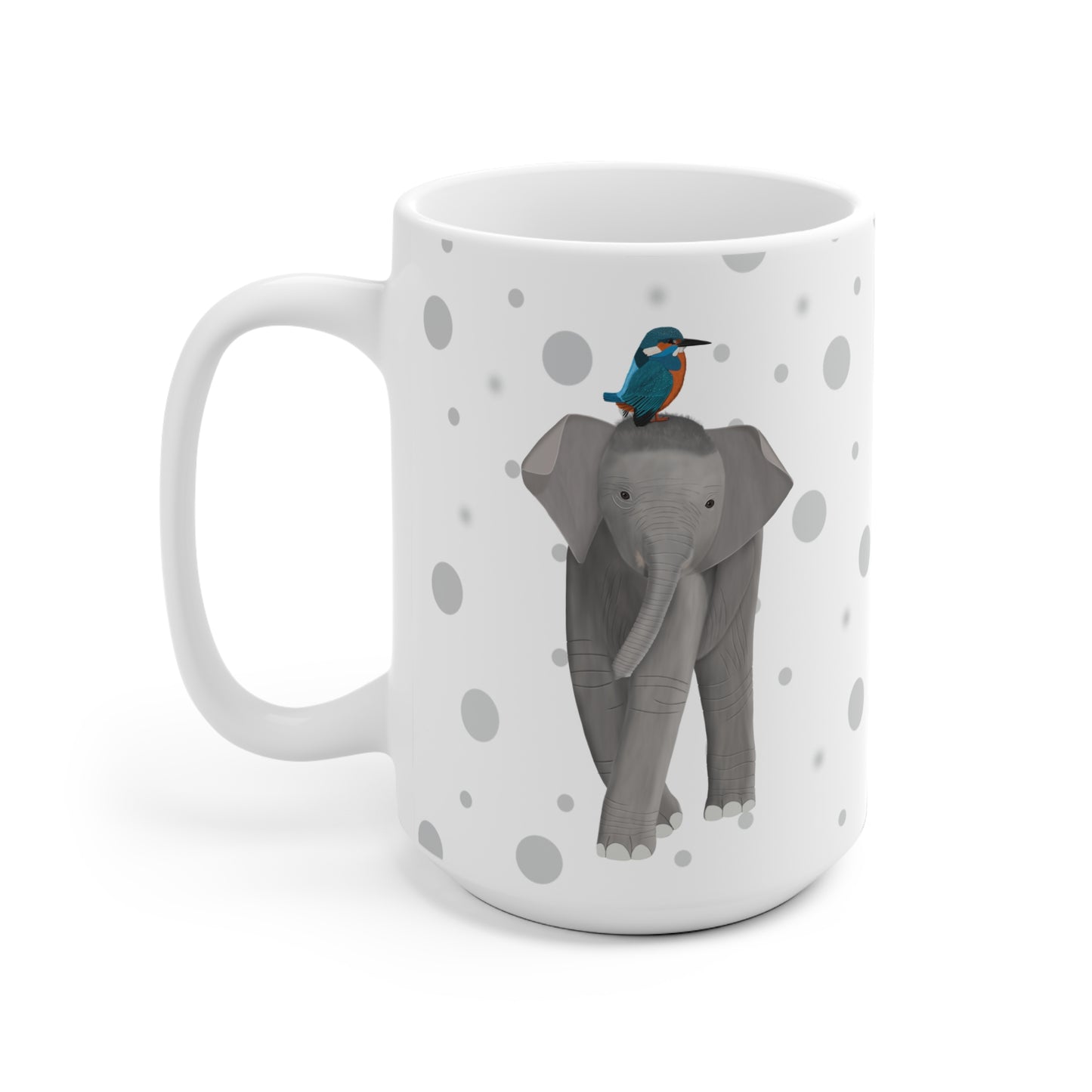 Eisvogel auf einem Elefanten Vogel Tasse Punkte Grau