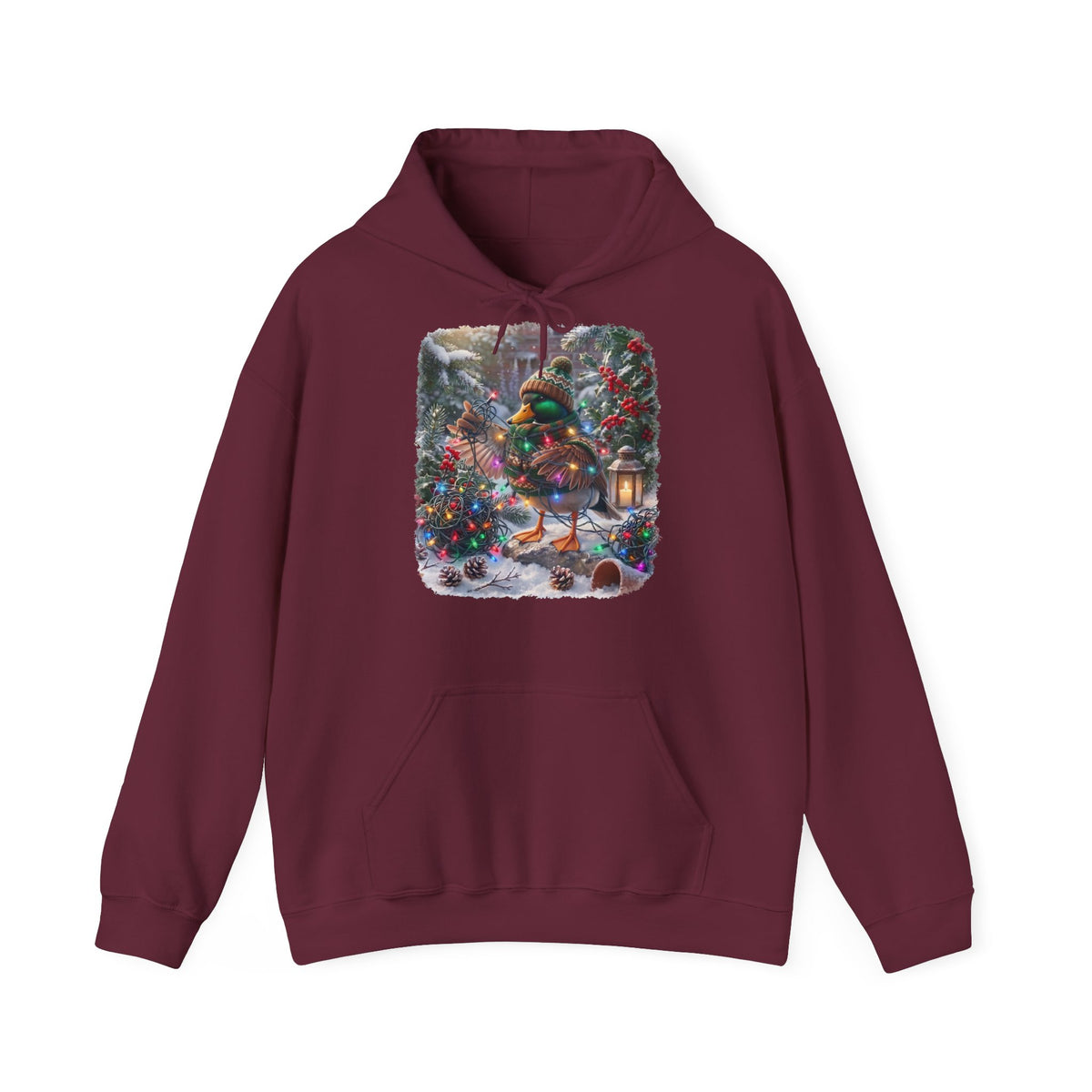 Premium Hoodie Ente und die Lichterkette im winterlichen Garten für Vogelbeobachter