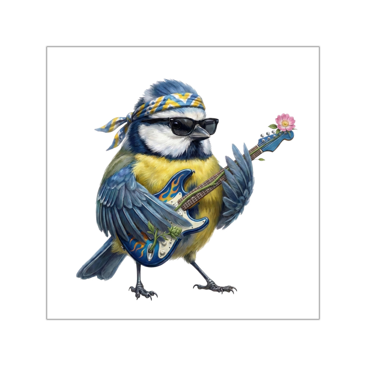 Blaumeise Aufkleber – Bert mit seiner Blumen-Gitarre Premium Sticker (Die Gartenvögel)