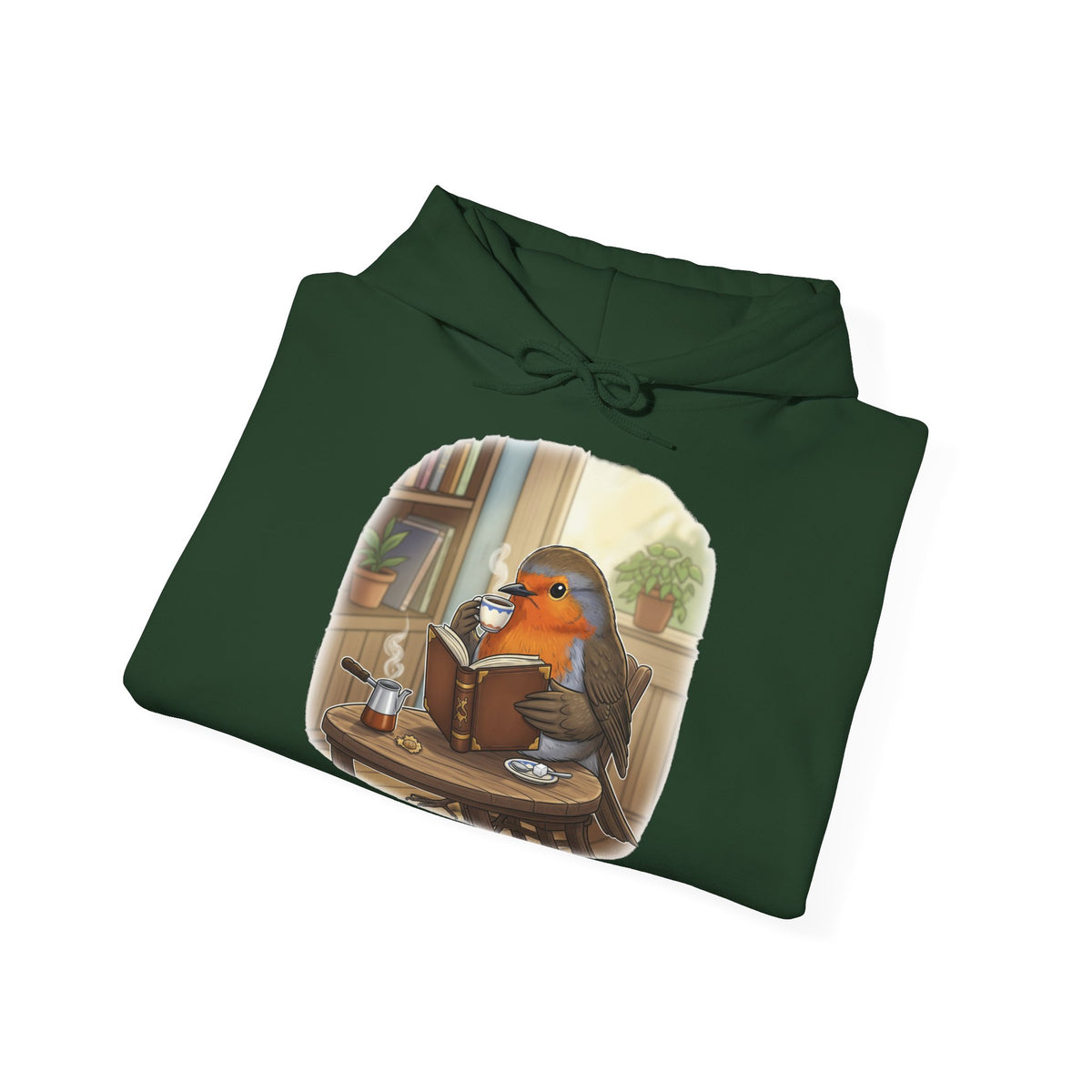 Rotkehlchen liest Bücher und trinkt Kaffee Vogel Hoodie - Kapuzenpullover für Vogelbeobachter mit Vogelmotiv
