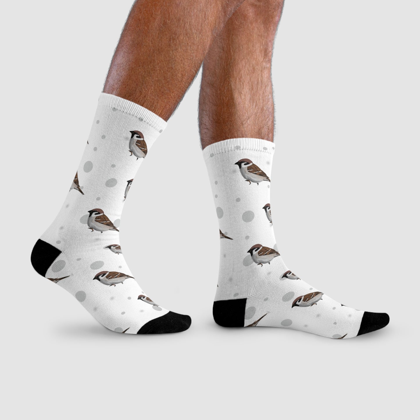 Feldsperling Socken Vogelsocken Weiß mit Grauen Punkten