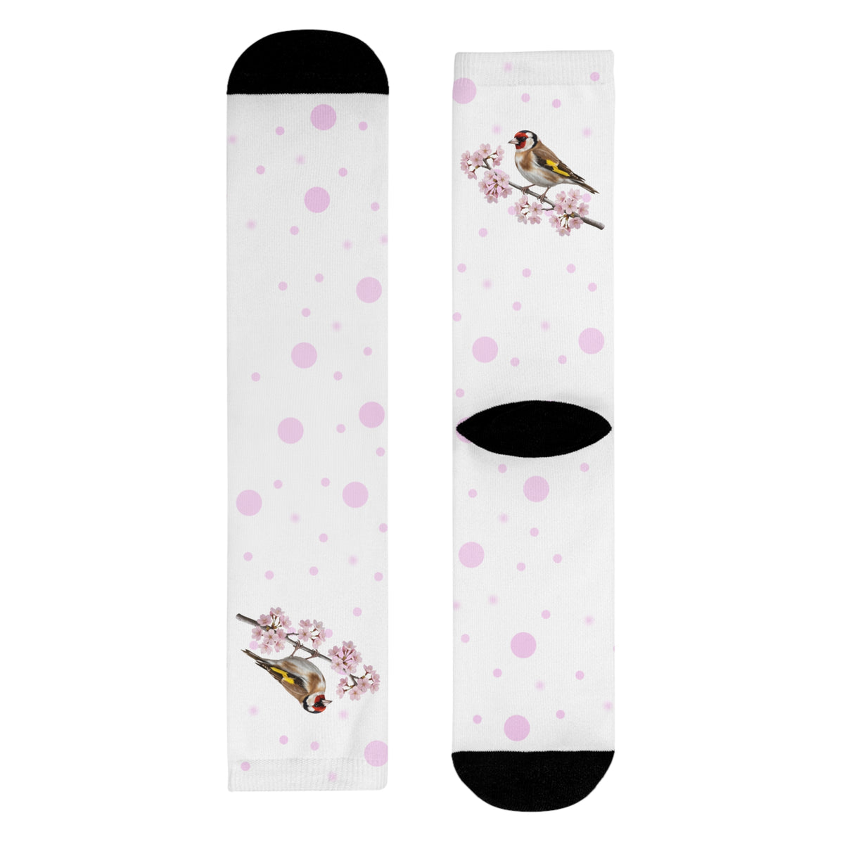 Stieglitz Socken – mit Kirschblüten | Weiß Rosa gepunktete Vogelmotiv Strümpfe